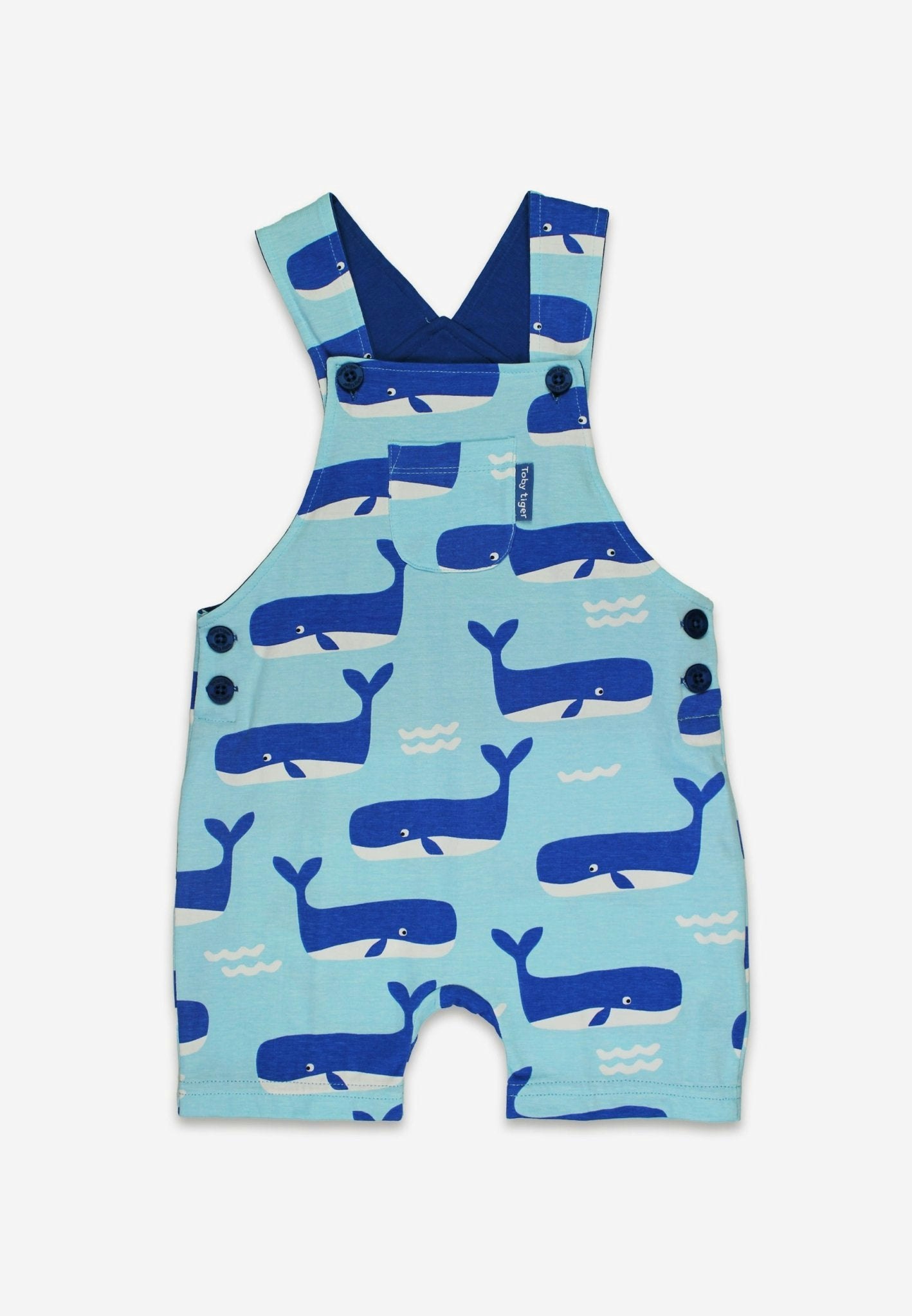 Toby Tiger Blue Organic Whale Waves Print Dungaree Shorts - 3-4Y / 104Cm