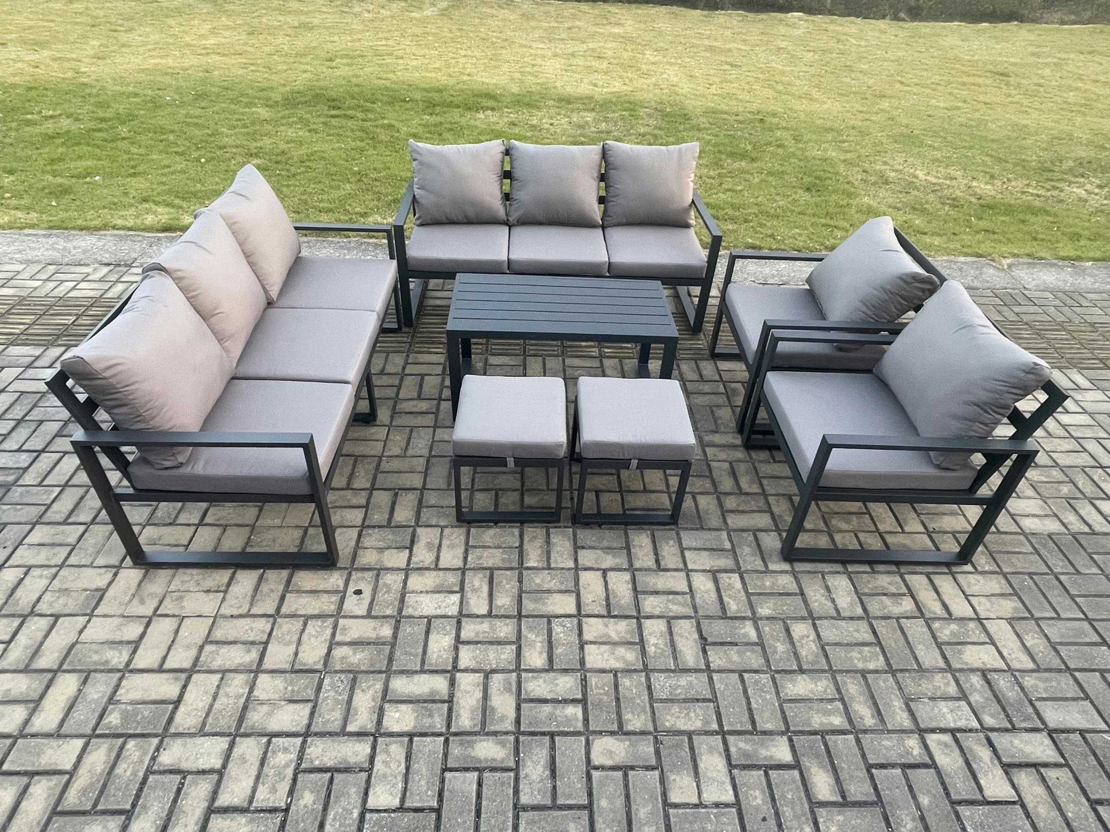 Fimous Dark/Grey Aluminium Outdoor Garden Furniture Lounge Sofa 2 Pc Chairs Oblong Coffee Table Sets With 2 Small Footstool