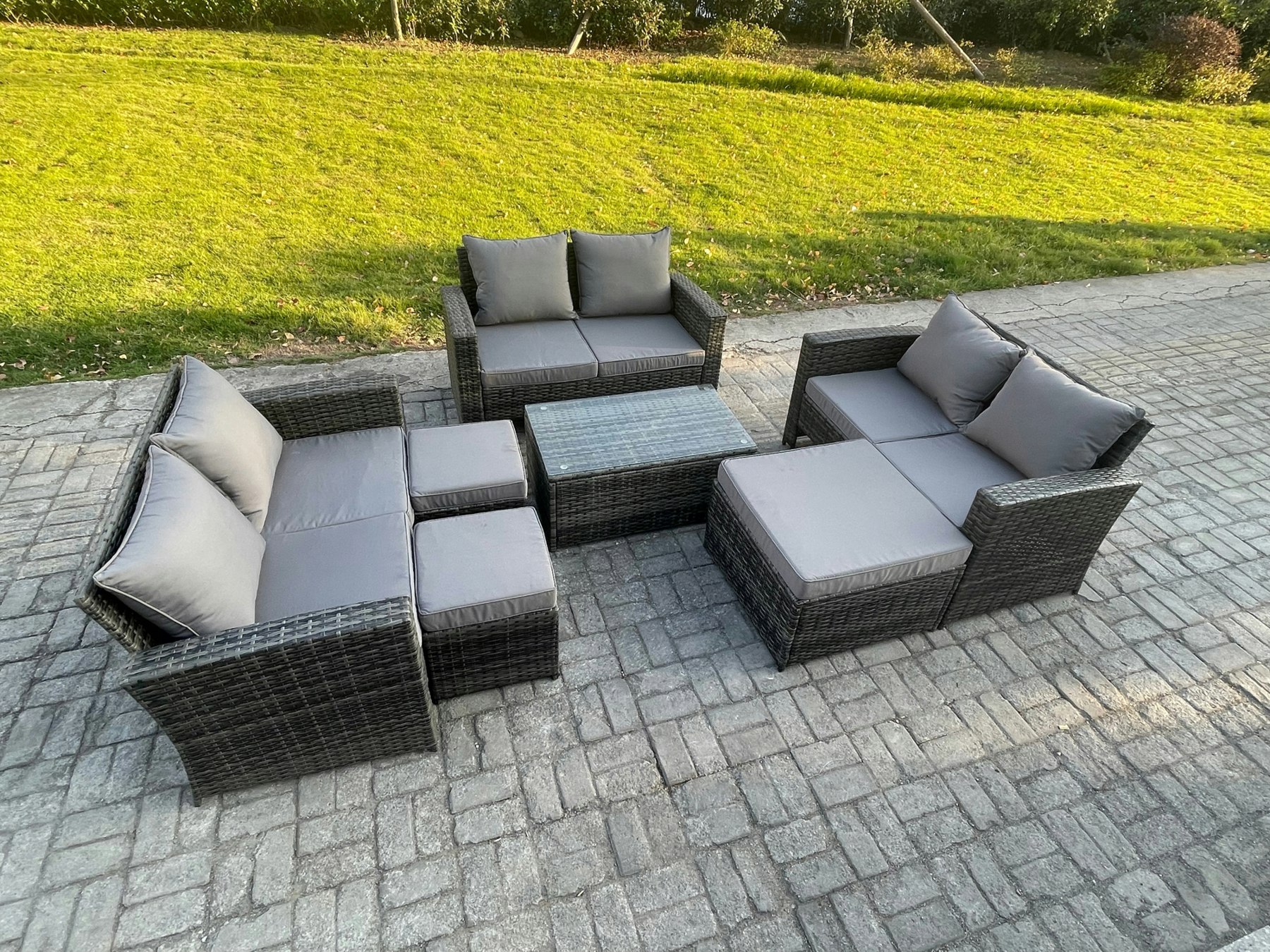 Rackhams Dark/Grey 7Pc Rattan Sofa Garden Furniture Outdoor Patio Set With 3 Footstools Double Seat Sofa Mixed