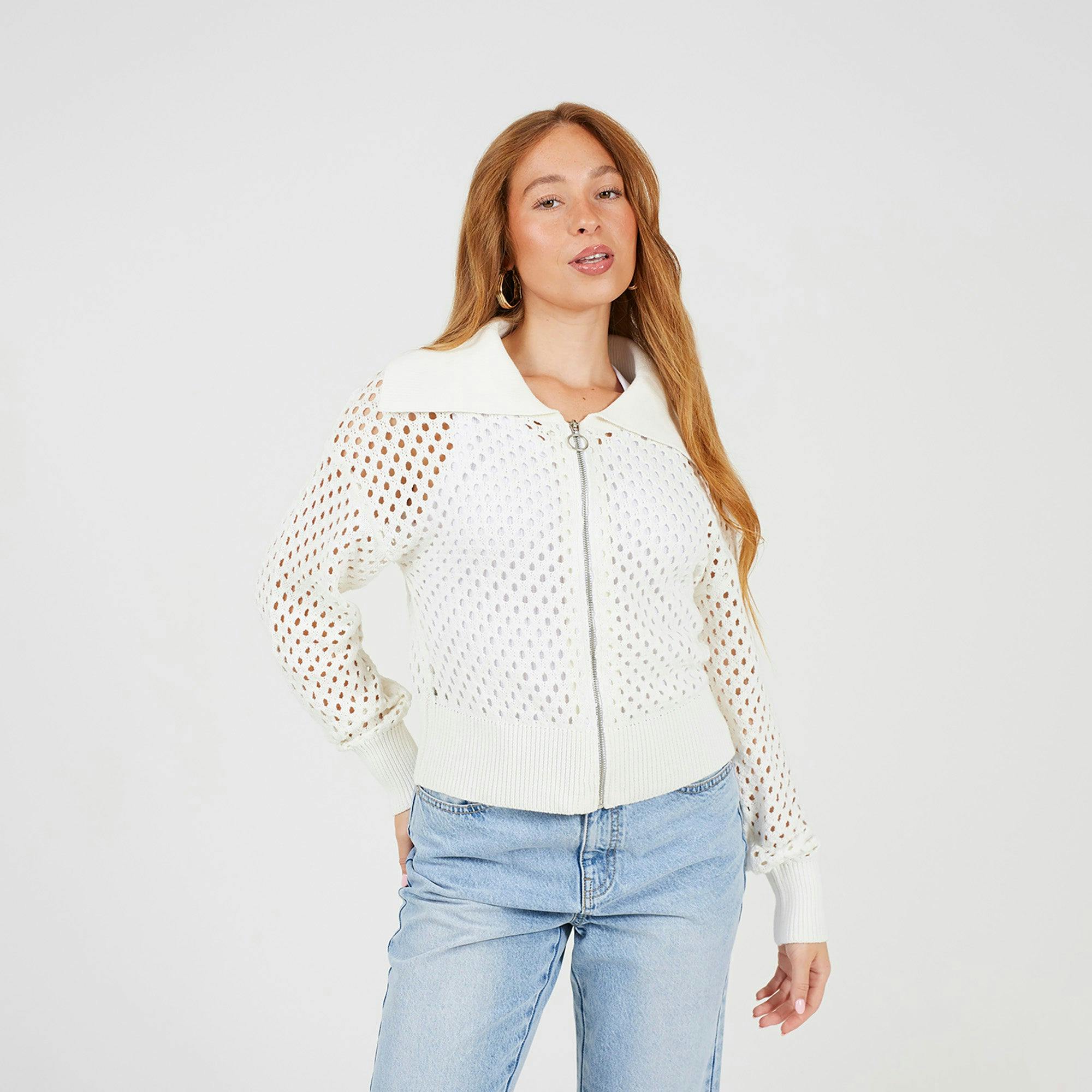Brave Soul White Crochet Knit Zip Through Cardigan - M