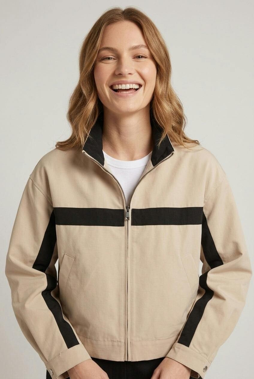 Izabel London Beige Collared Zip Front Boxy Jacket - L