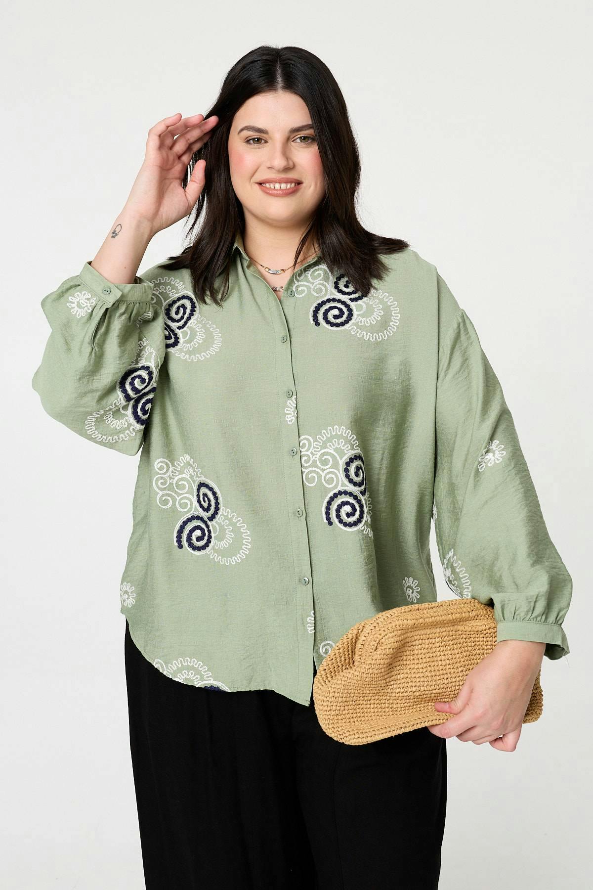 Izabel London Curve Embroidered Relaxed Shirt - 20/22 - Khaki