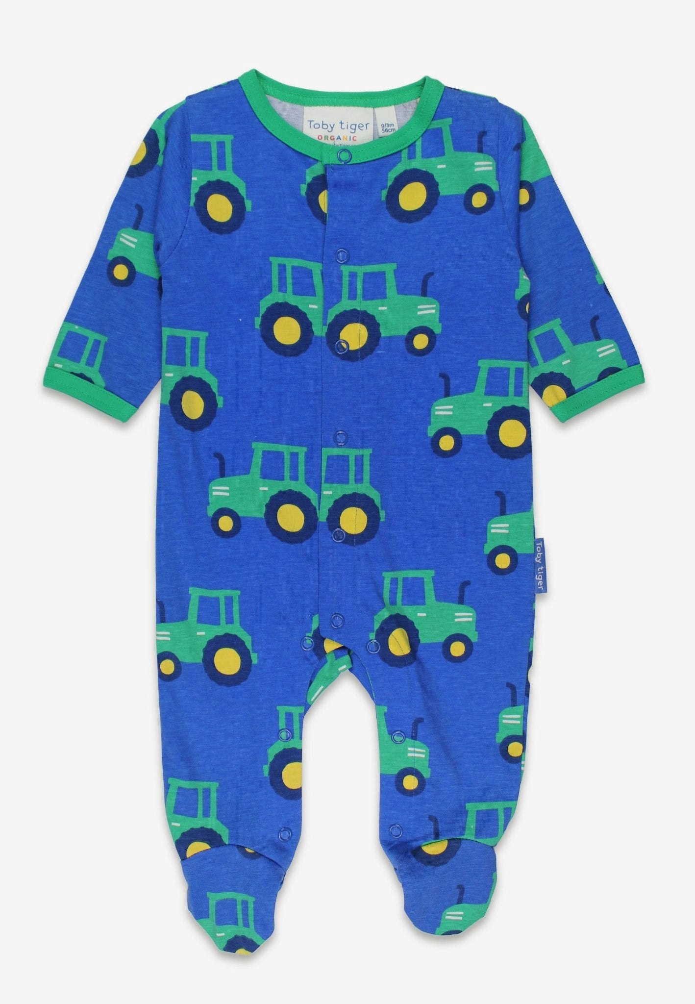 Toby Tiger Blue/Green Organic Hillside Tractor Print Sleepsuit - 0-3M / 56Cm