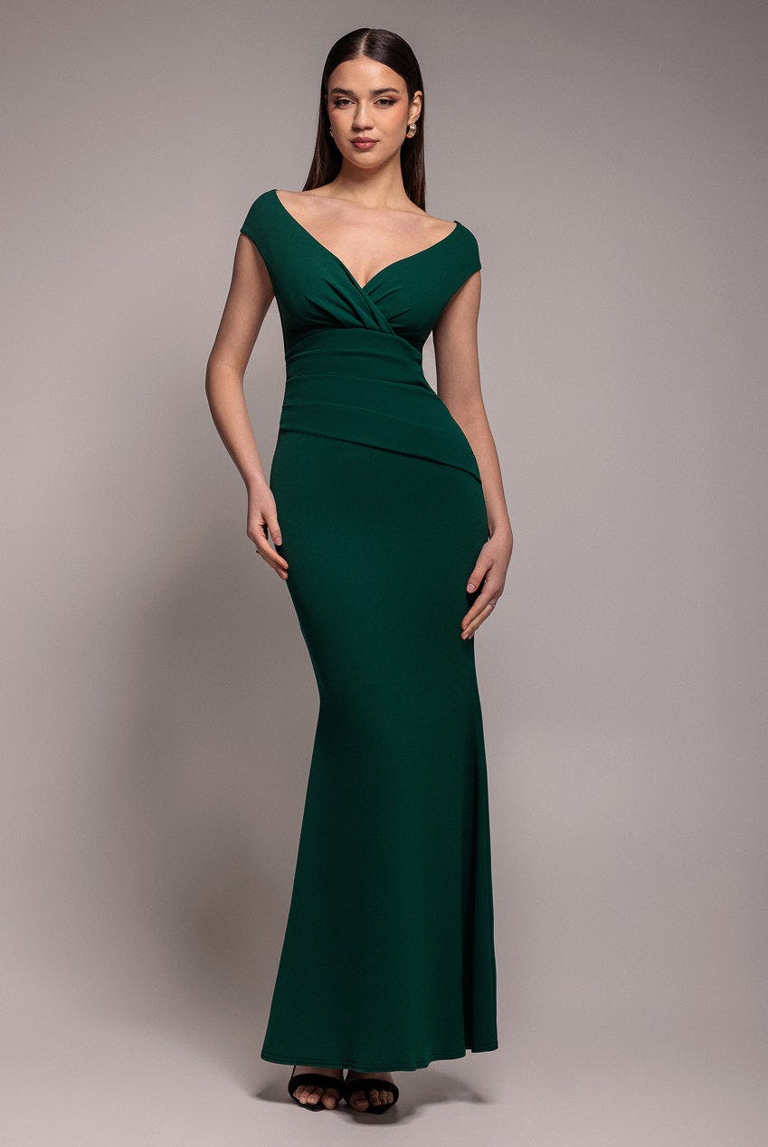 Goddiva Green Bardot Pleated Maxi Dress - Emerald By - Emerald - 14