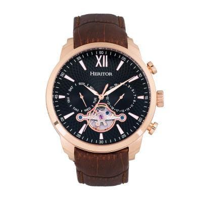 Heritor Automatic Men's Gold/Black Arthur Semi-Skeleton Leather-Band Watch W/ Day/Date - Rose