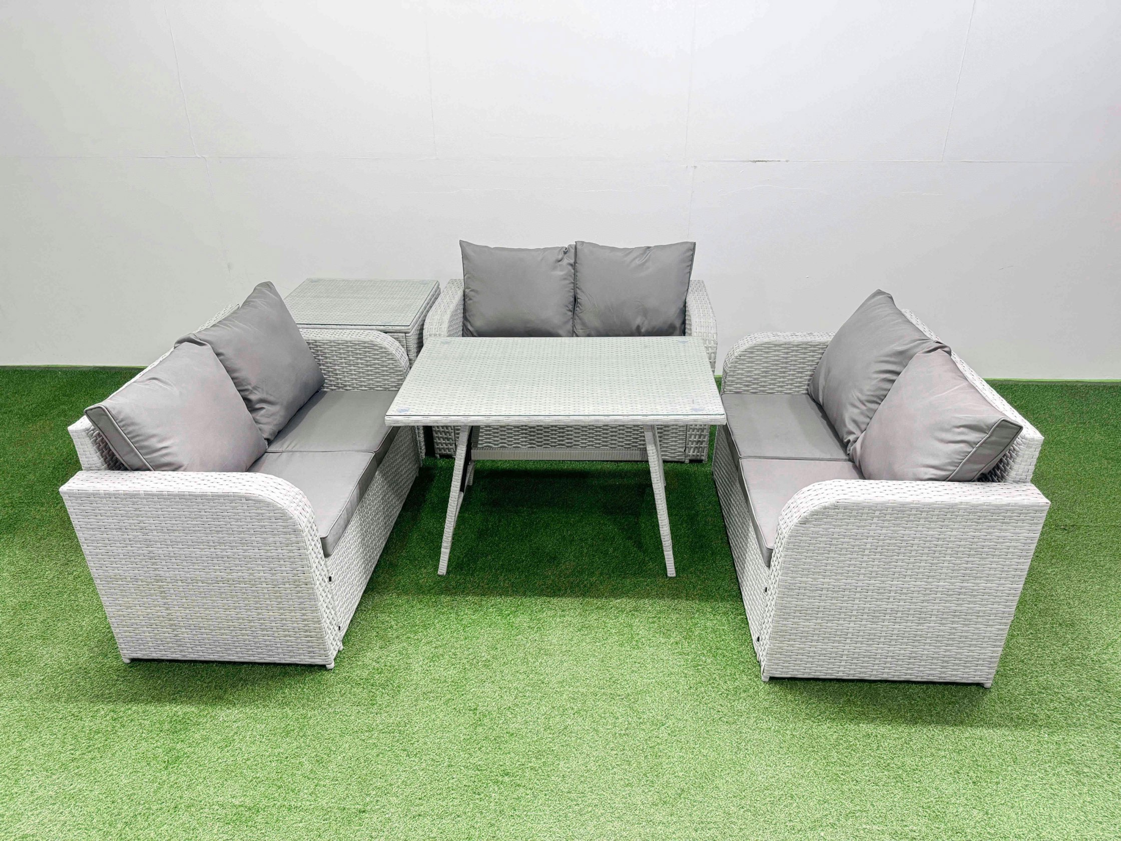 Rackhams Dark/Grey Rattan Garden Furniture Dining Set 6 Seater Patio Rectangular Table Love Sofa Set With Side Table