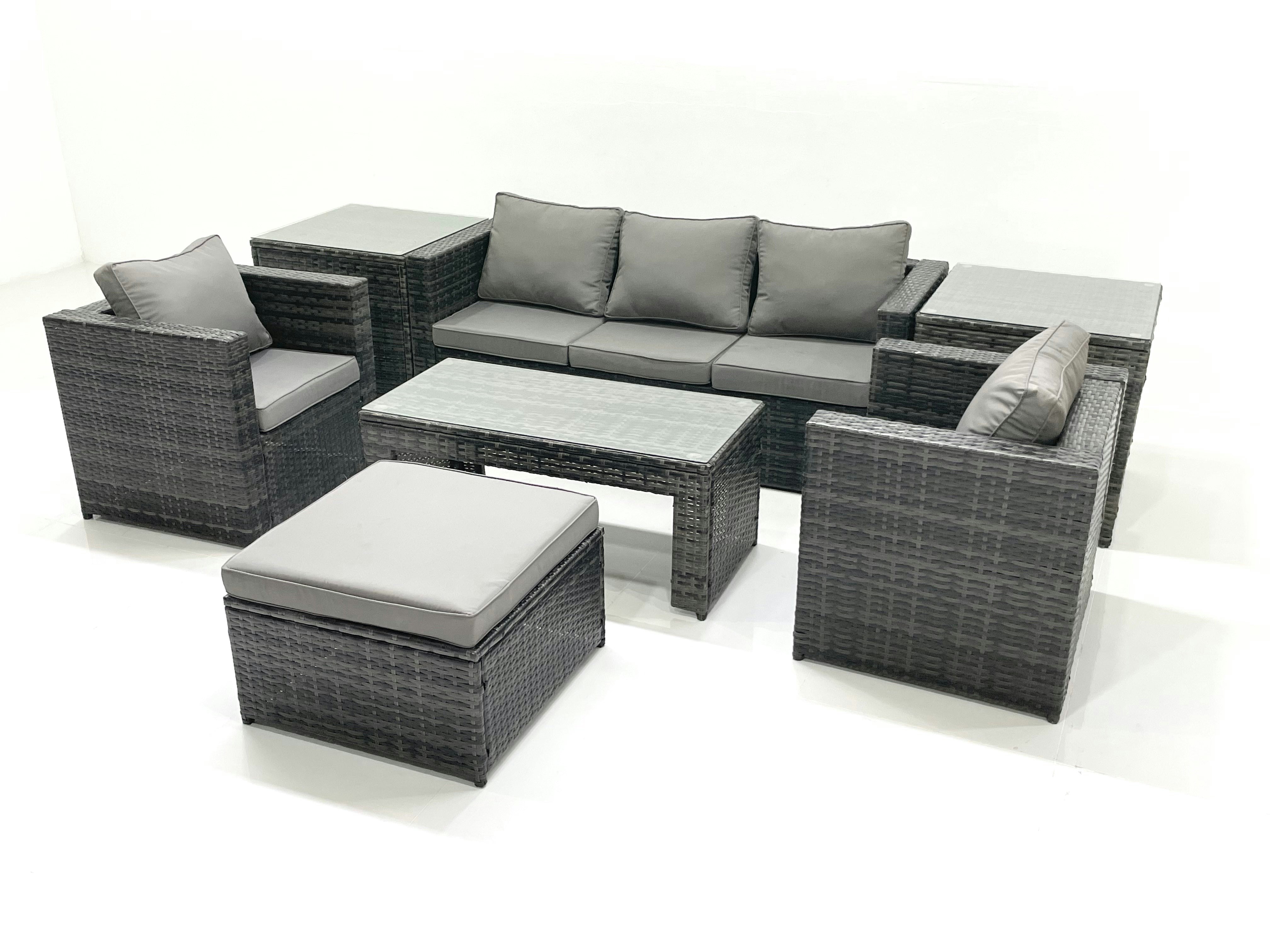 Rackhams Dark/Grey Rattan Garden Furniture Set Outdoor Lounger Sofa With Coffee Table 2 Armchair Big Footstool 2 Side Tables Mixed