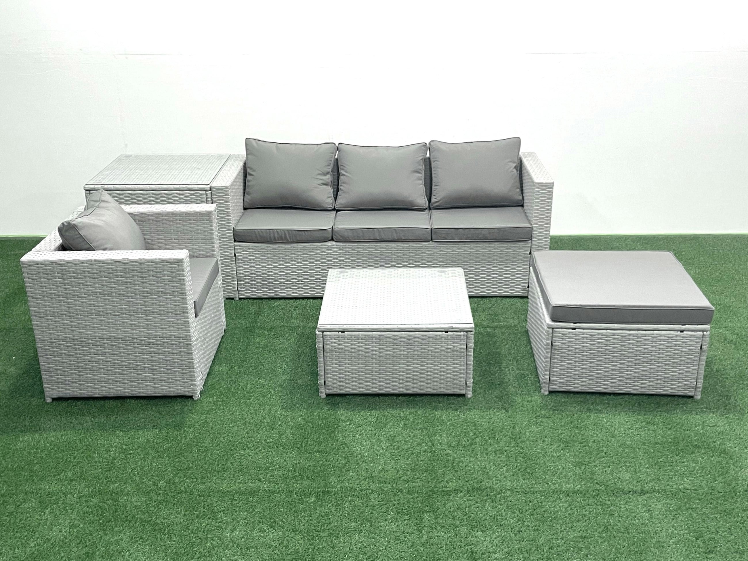 Rackhams Light/Grey Garden Outdoor Furniture Set 5 Seater Rattan Sofa Set With Big Footstool Armchair Side Table Mixed
