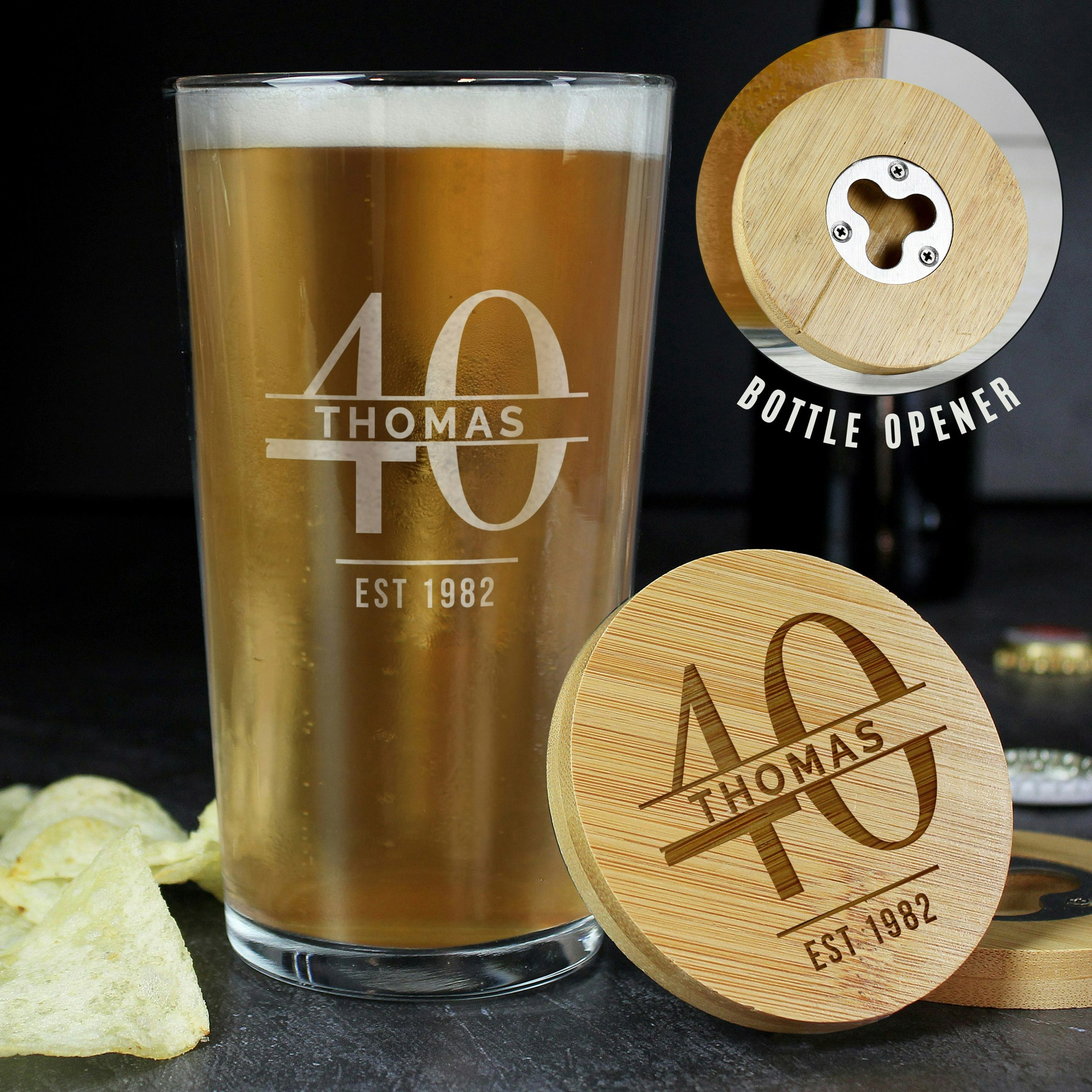 Personalised Memento Company Personalised Big Age Bamboo Bottle Opener Coaster And Pint Glass Set