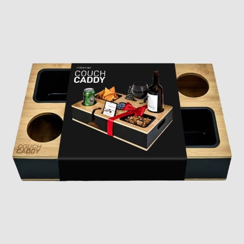Rackhams Black Couch Caddy Tray With Snack Compartments And Glass Holders.