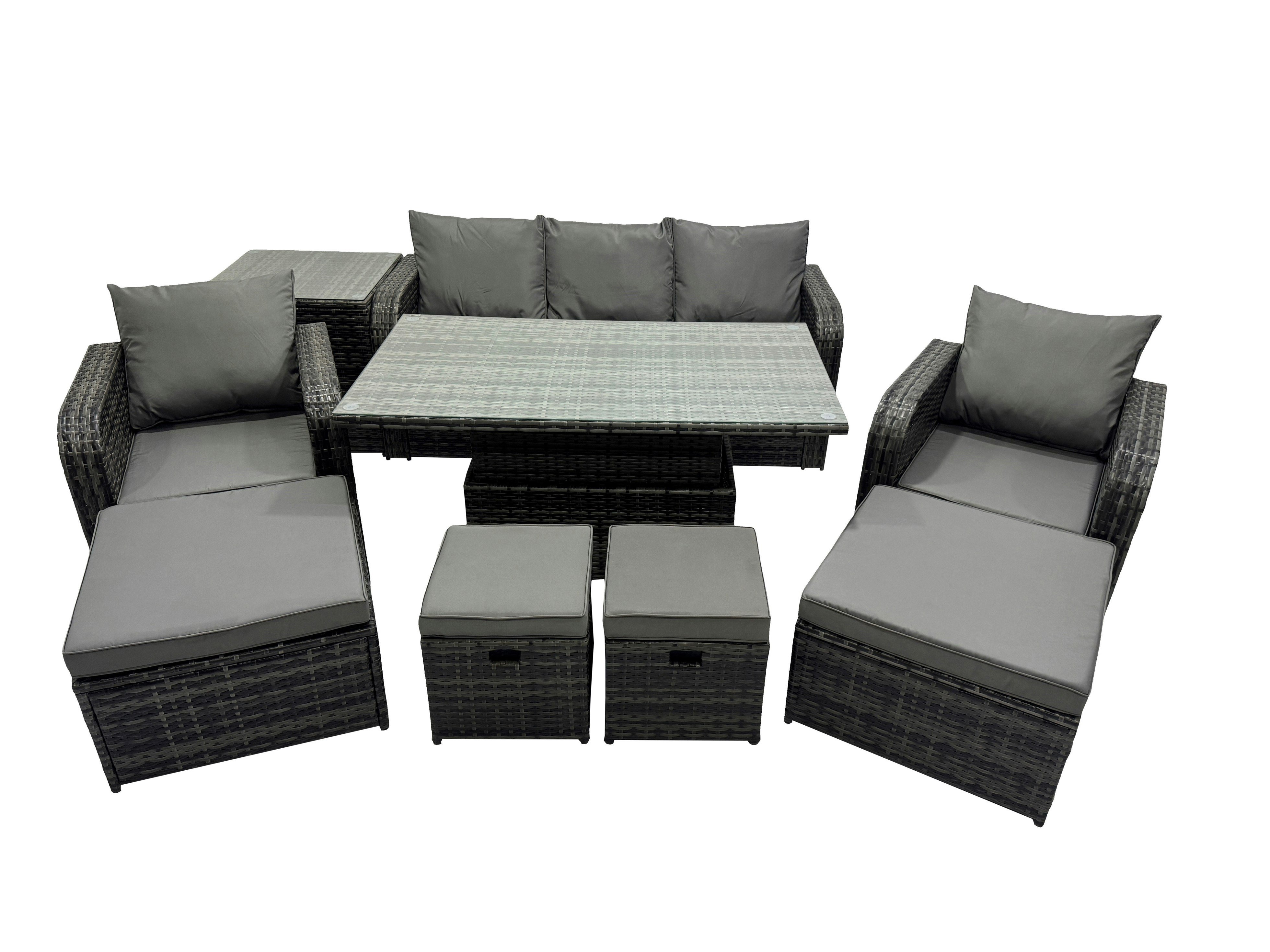 Fimous Dark/Grey Rattan Garden Furniture Dining Set 8 Seater Patio Height Adjustable Rising Table Sofa Set With Side Table 2 Big Footstool Mixed