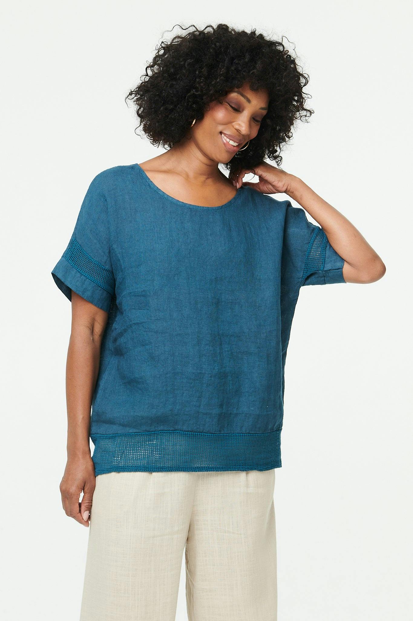 Izabel London Blue Relaxed Mesh Trim 1/2 Sleeve Top - 8