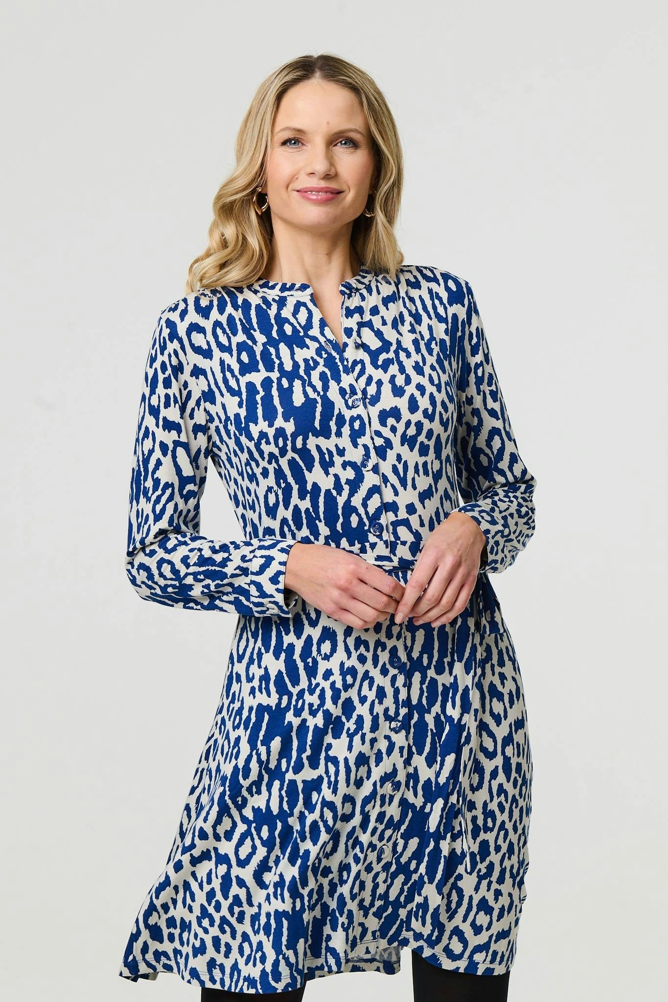 Izabel London Blue Animal Print Long Sleeve Short Shirt Dress - 18