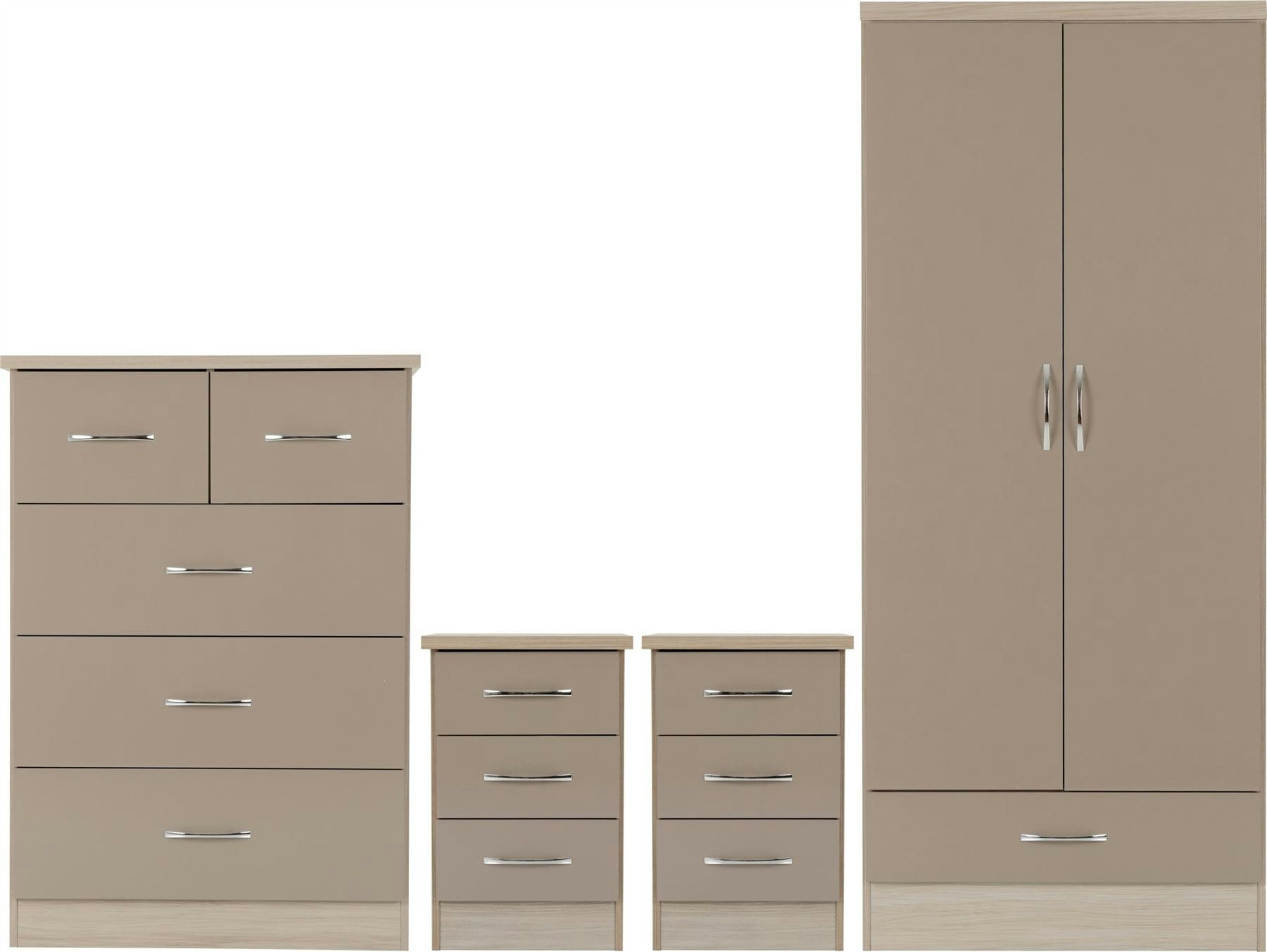 Rackhams Light Nevada Nevada 2 Door 1 Drawer Wardrobe Bedroom Set - Oyster Gloss And Oak
