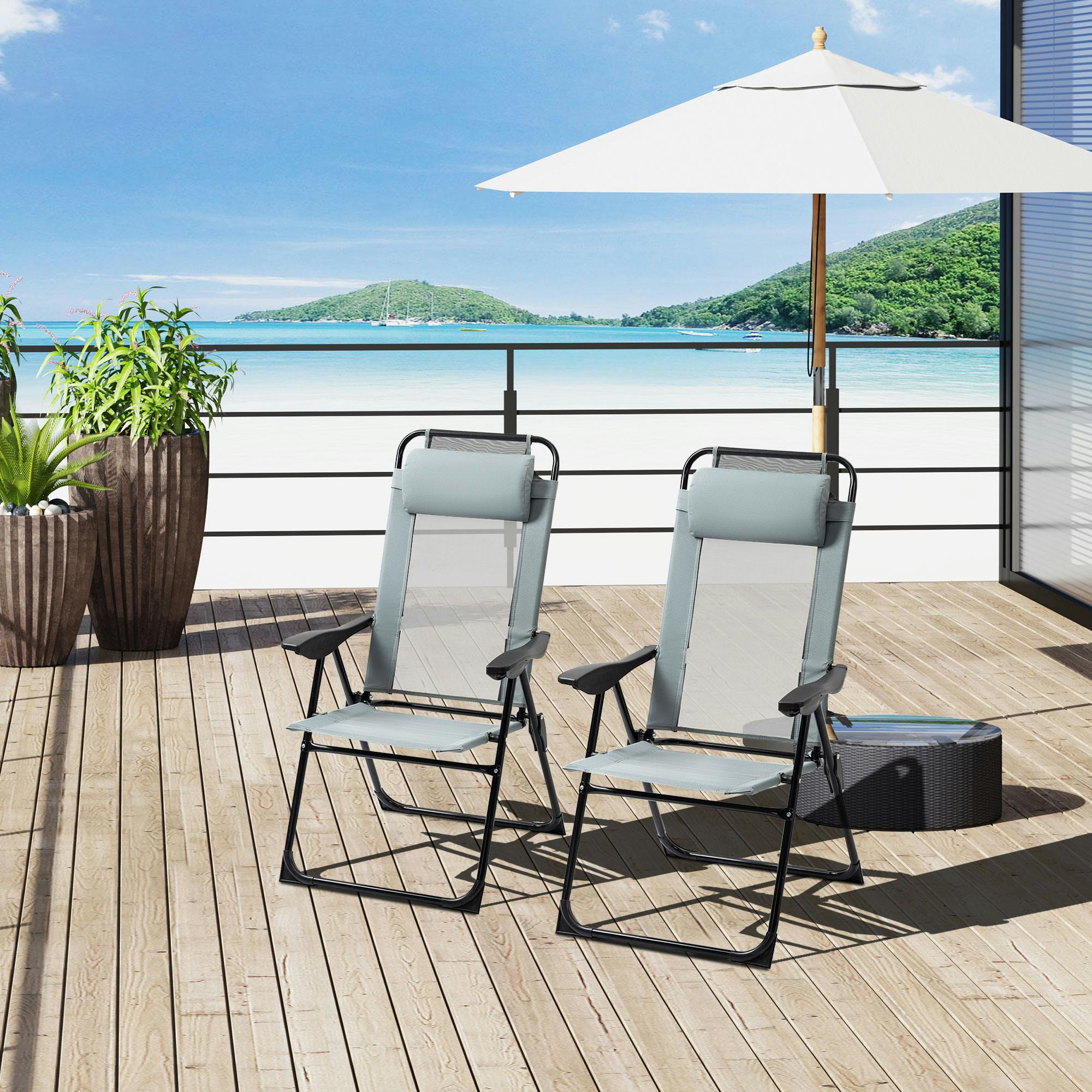 Outsunny Set Of 2 Metal Portable Folding Recliner W/ Adjustable Backrest, Grey - Image 2