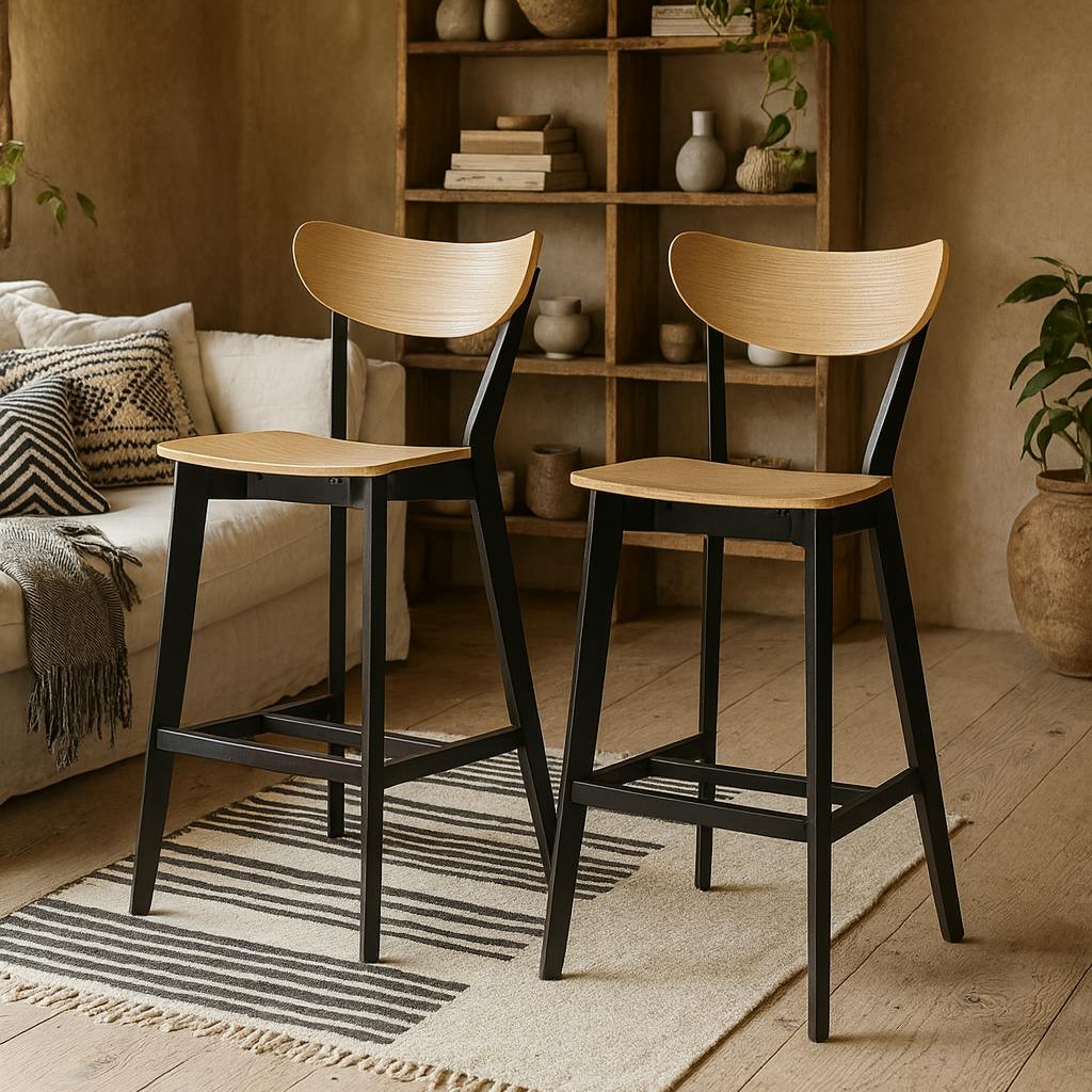Rackhams Black Set Of 2 Saffron And Natural Oak Veener Bar Stools