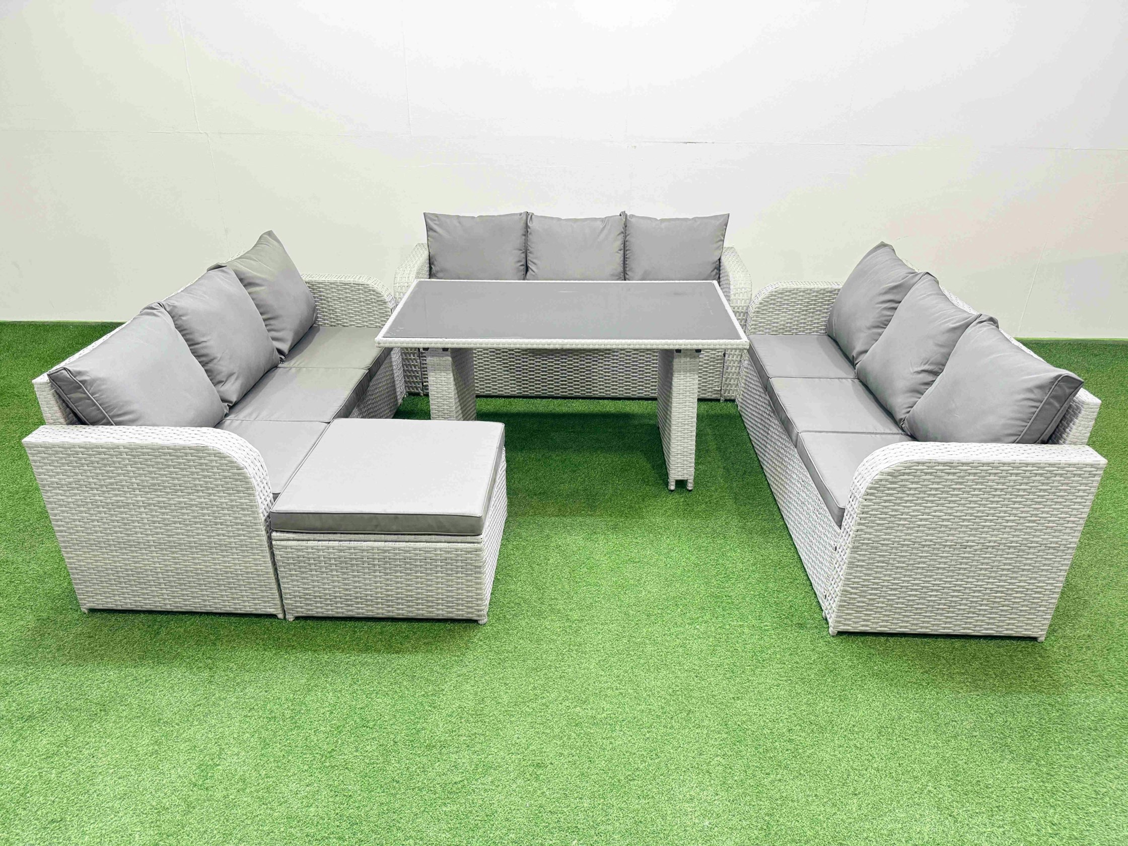 Rackhams Black/Light/Grey Patio Garden Furniture Sets With Glass Top Dining Table 3 Seater Sofa Big Stool