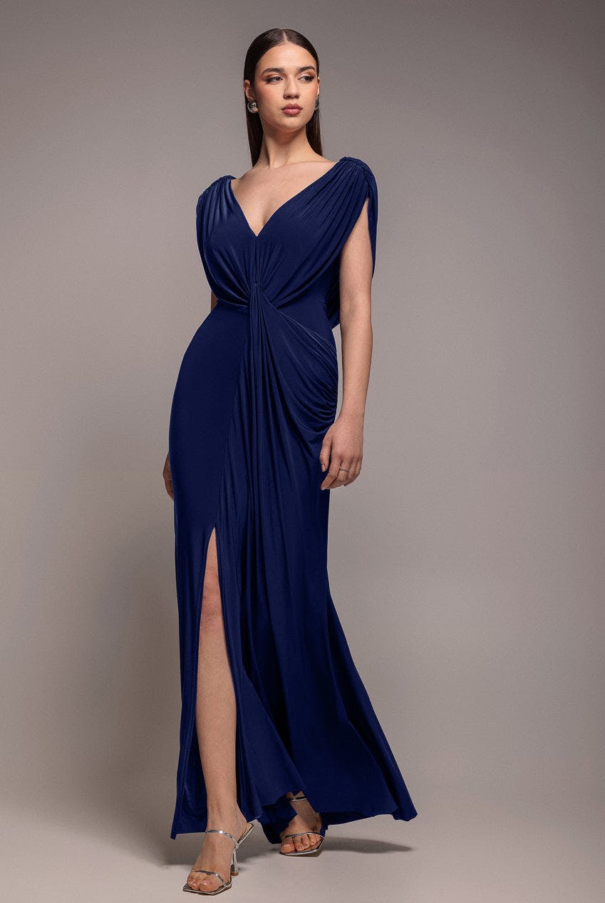 Goddiva Blue Cowl Plunge Draped Mermaid Maxi Dress - Navy By - Navy - 10