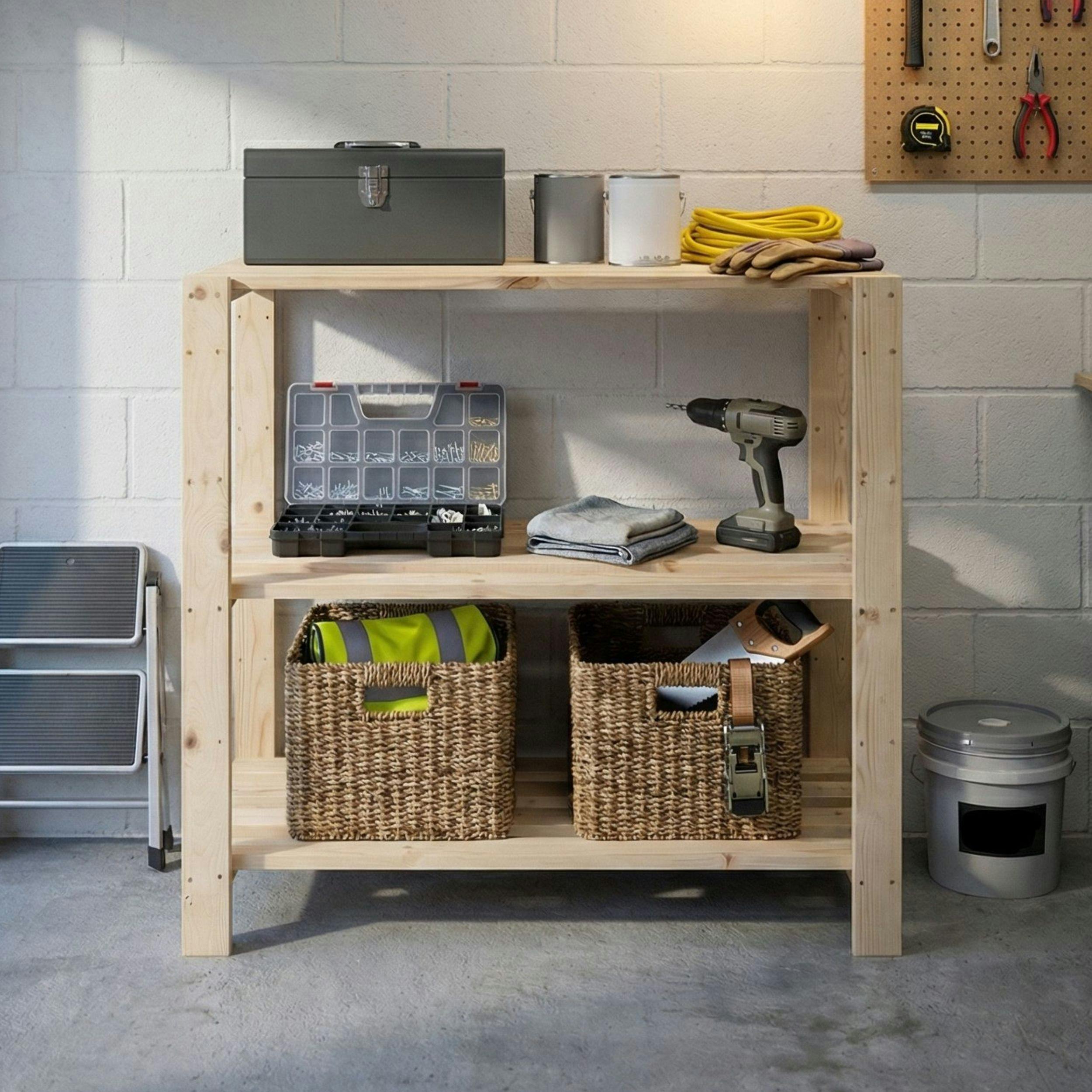 Core Products 3-Shelf Freestanding Storage Rack, Heavy-Duty With Solid Worktop, Solid Pine