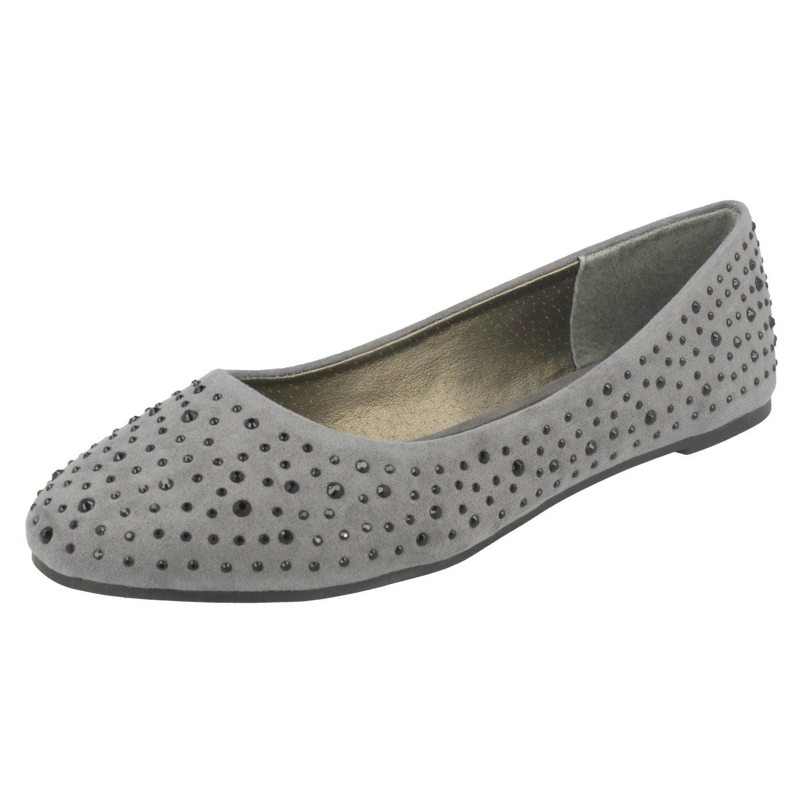 Spot On Women's Grey Flat Diamante Ballerinas - Uk 6