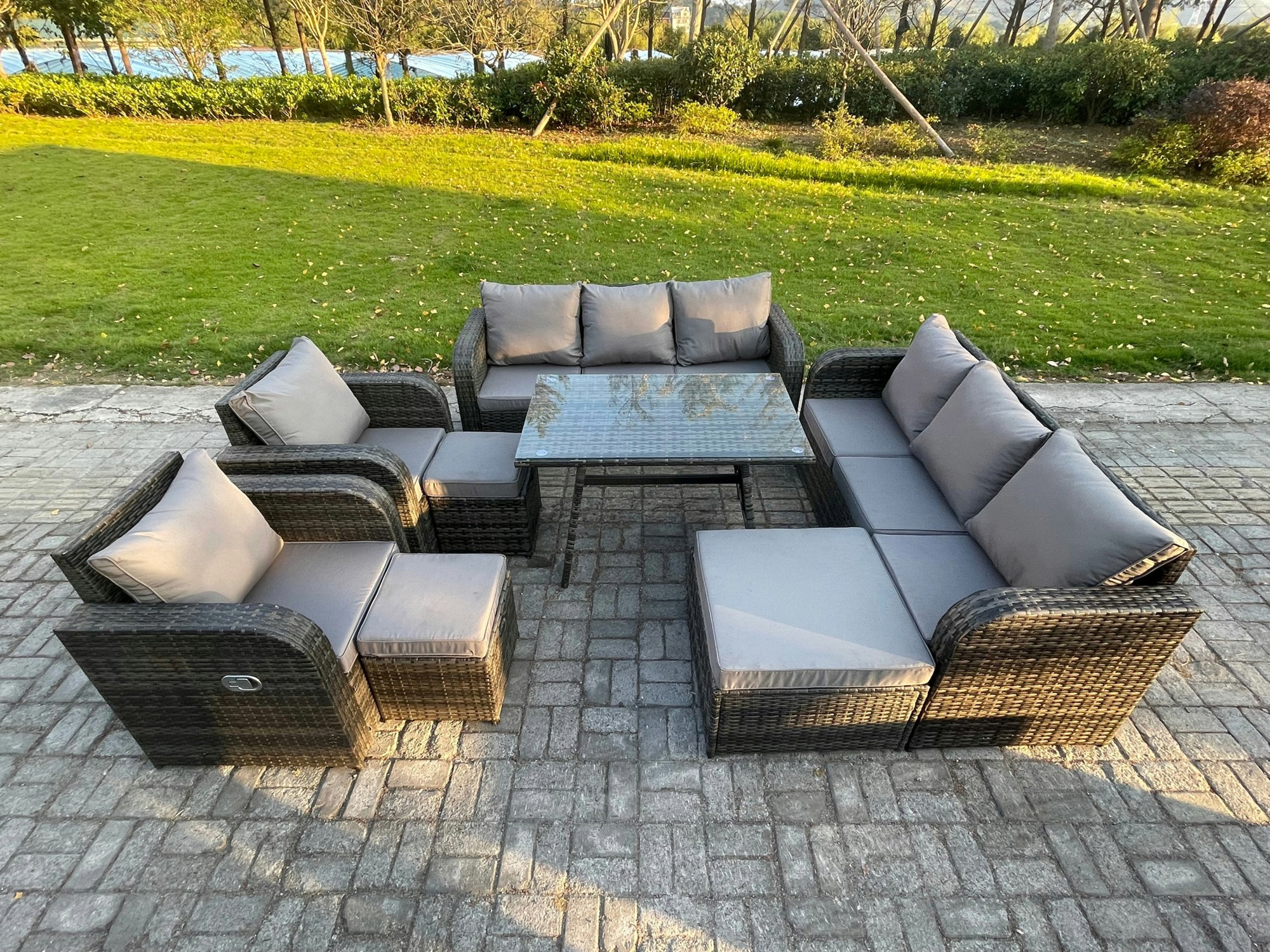 Rackhams Dark/Grey 11-Seater Rattan Outdoor Sofa & Dining Set | Rectangular Table, 3-Seater Sofa, 3 Footstools