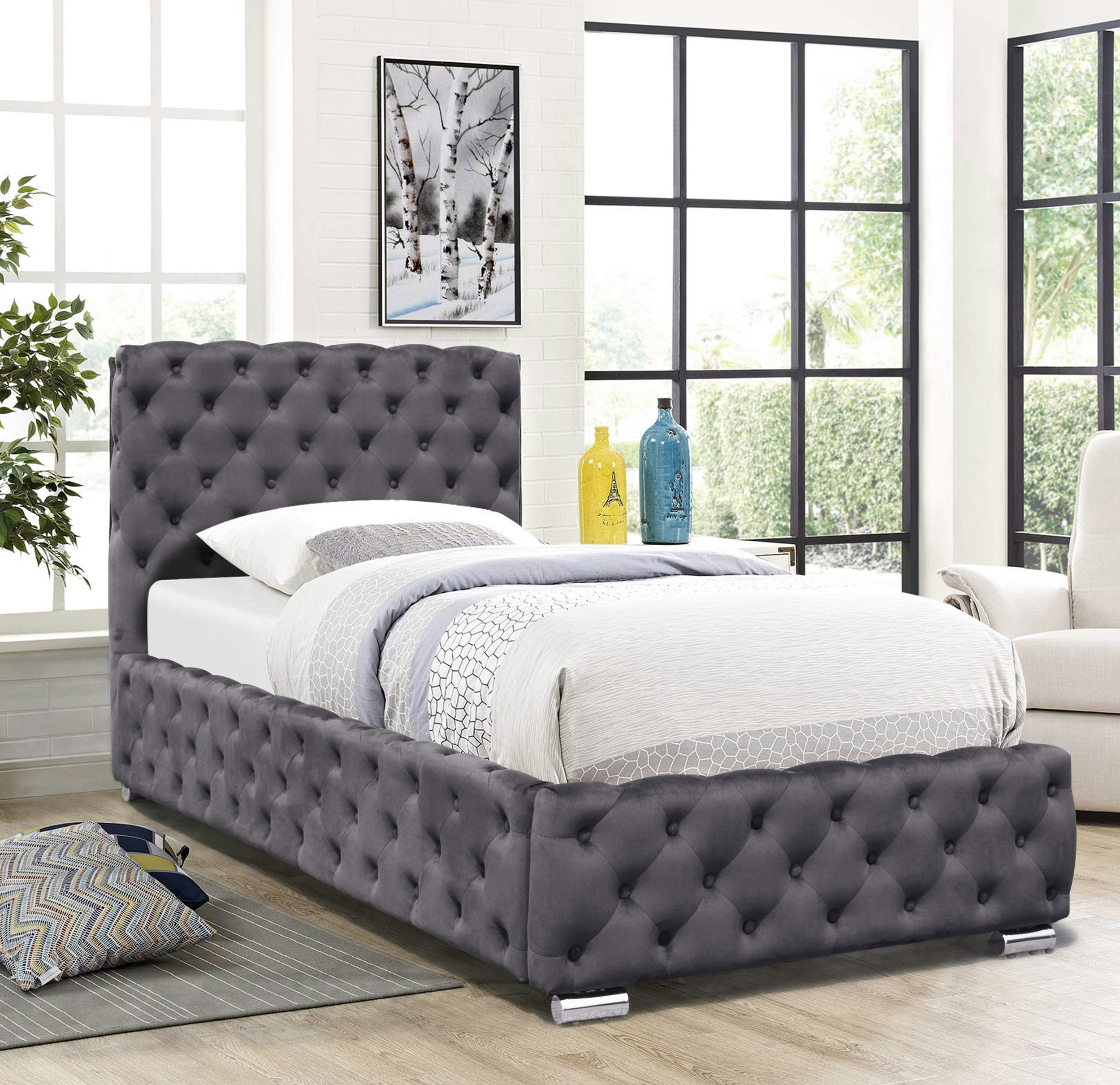 Rackhams Grey/Green Tufted Fabric Bed Frame In Or In 3Ft, 4Ft6 Or 5Ft Size Bedroom - Single