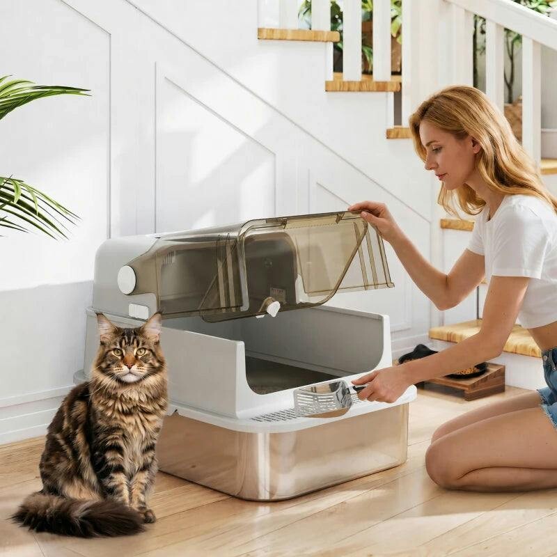 Pawhut Xxl Stainless Steel Litter Tray, Enclosed Cat Litter Box W/ Cover - Image 4