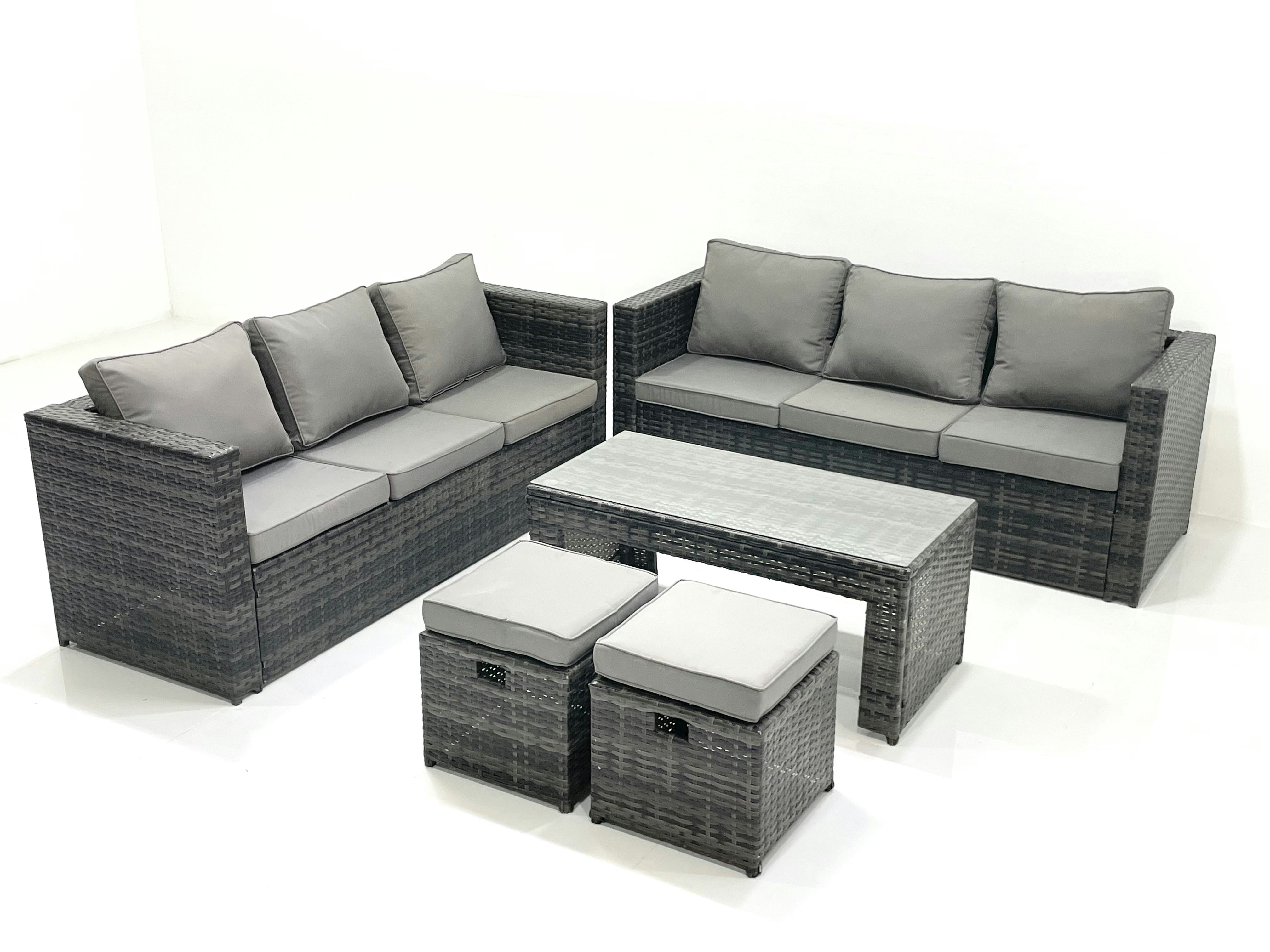 Rackhams Dark/Grey 6 Seater Rattan Garden Sofa Lounge Set With Coffee Table & 2 Footstools
