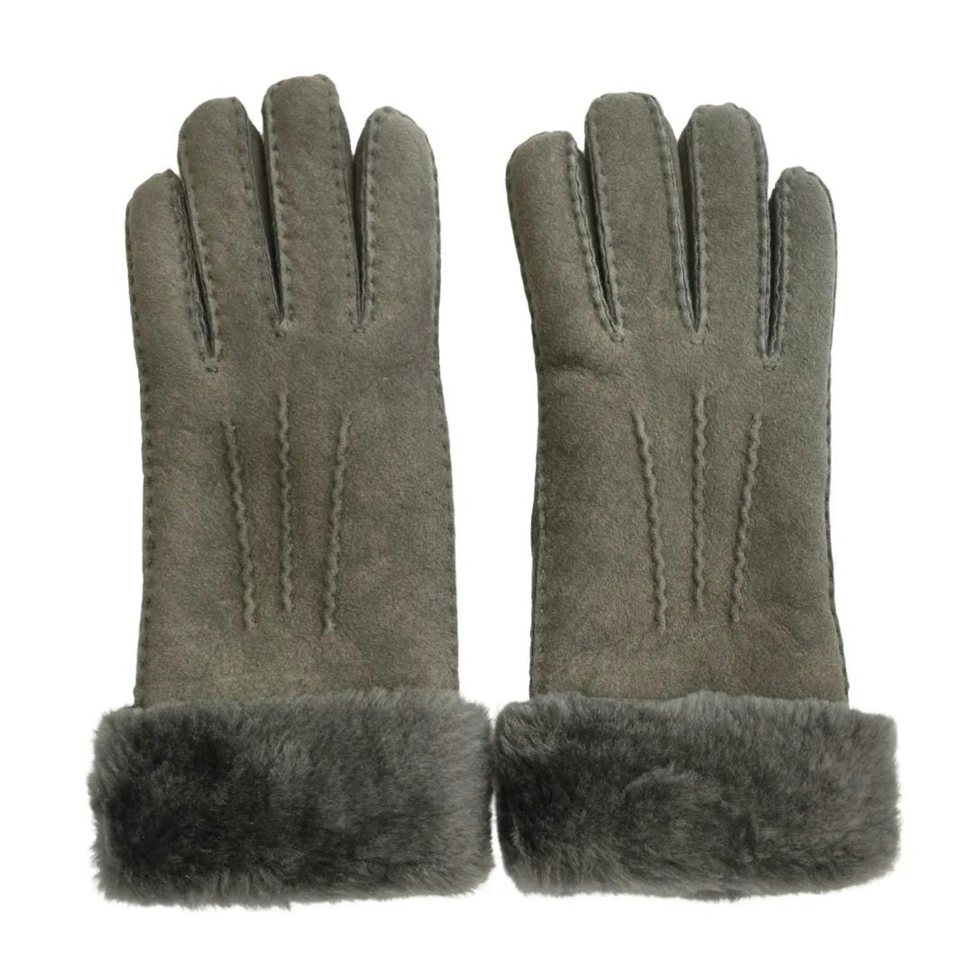 Infinity Leather Women's Grey Plush Shearling Cuff Suede Genuine Leather Gloves - Medium
