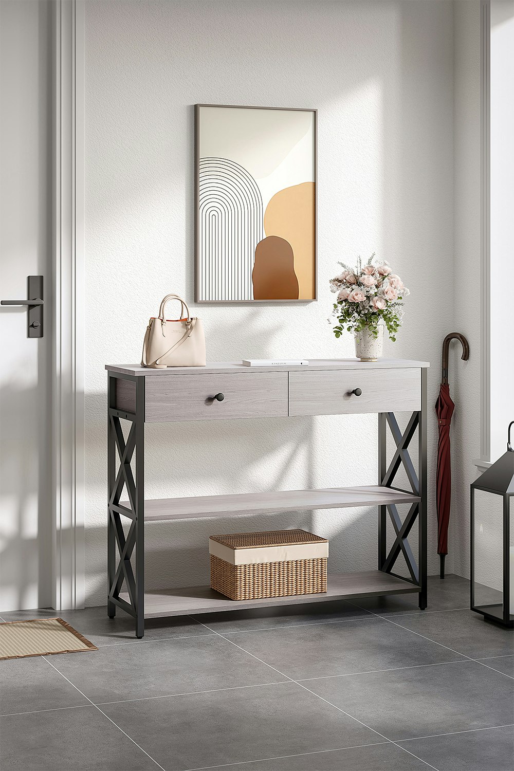 Rackhams Grey 3 Tier Industrial Style Narrow Wooden Console Table With Drawers And Shelves