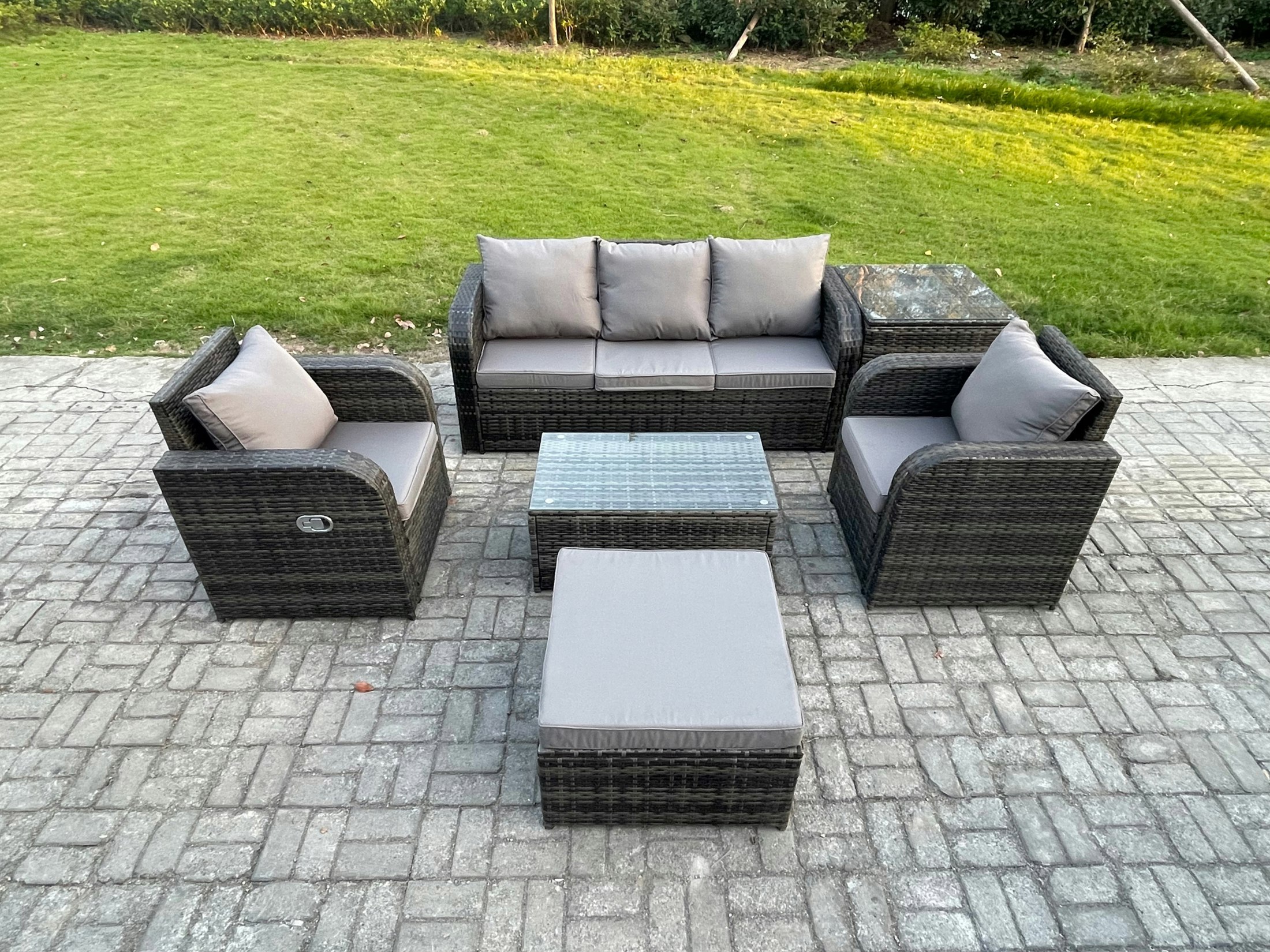 Fimous Dark/Grey 6-Seater Rattan Outdoor Lounge Set | Reclining Chair, Rectangular Coffee Table, Large Footstool, Side Table