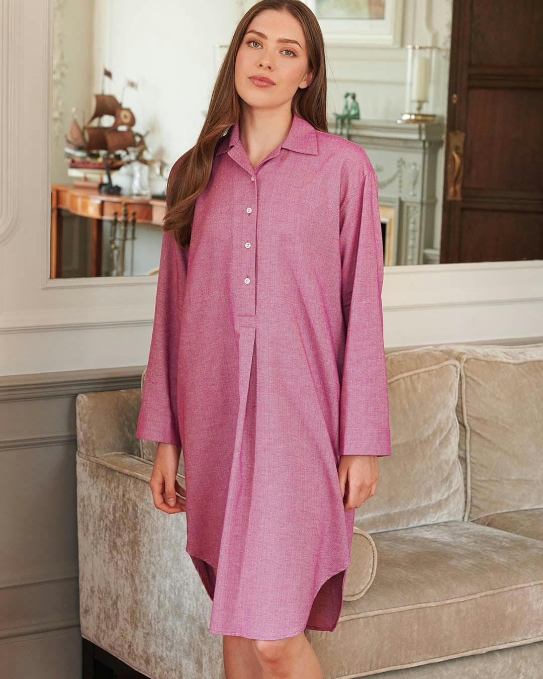 British Boxers Women's Pink Brushed Cotton Nightshirt – Dusty Herringbone - Medium