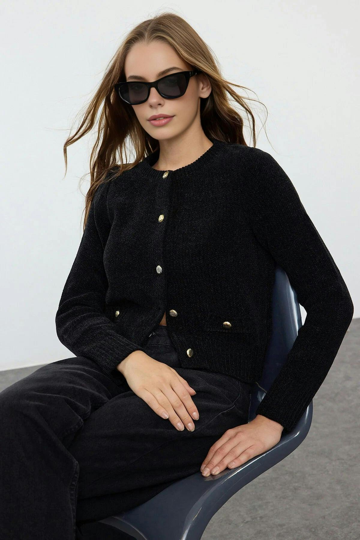 Wovcor Black Knit Cardigan With Pocket Detail - L