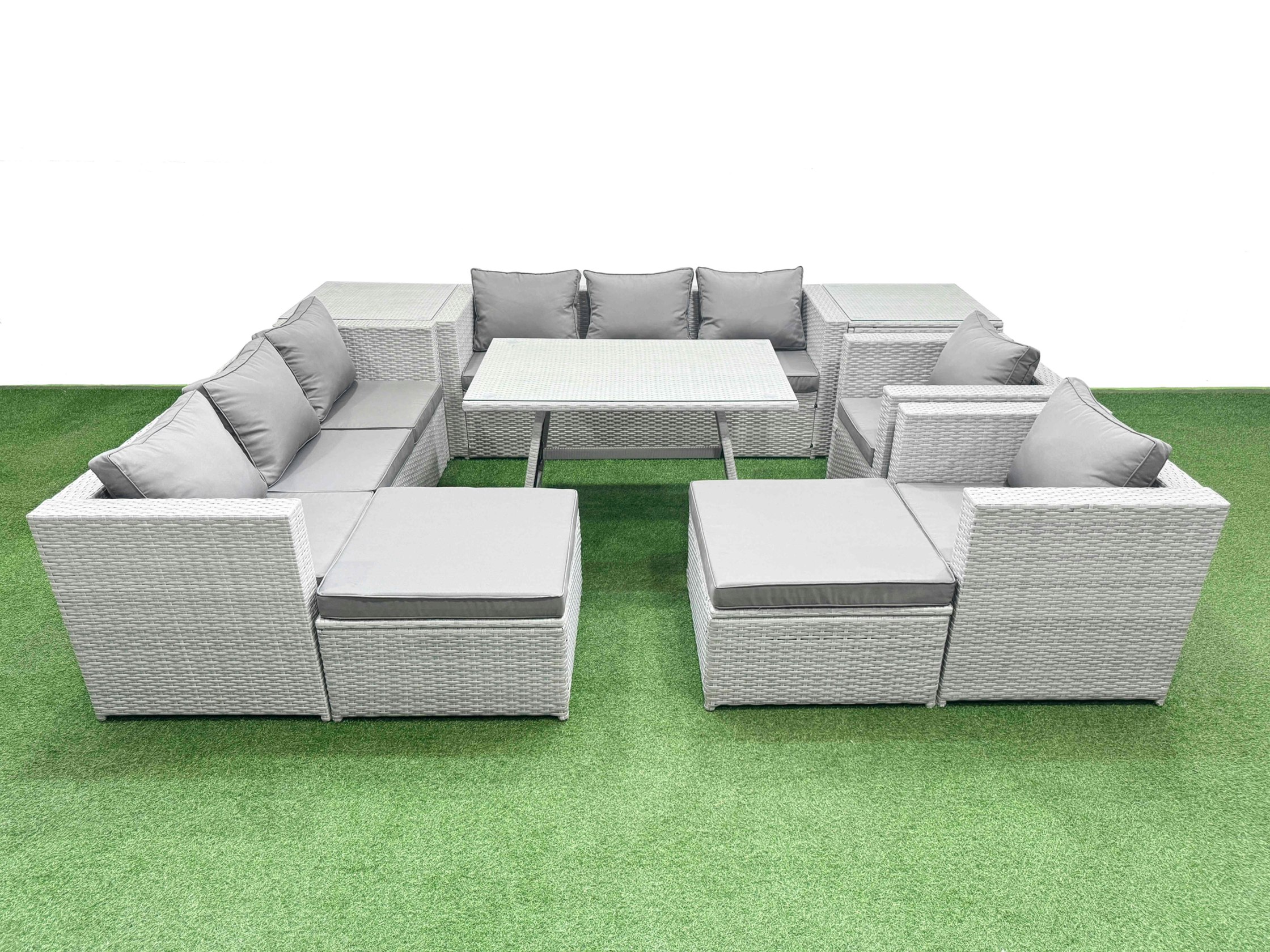 Fimous Light/Grey 10 Seater Garden Furniture Set Pe Rattan Garden Sofa Set With Rectangular Dining Table 2 Big Stool 2 Side Tables