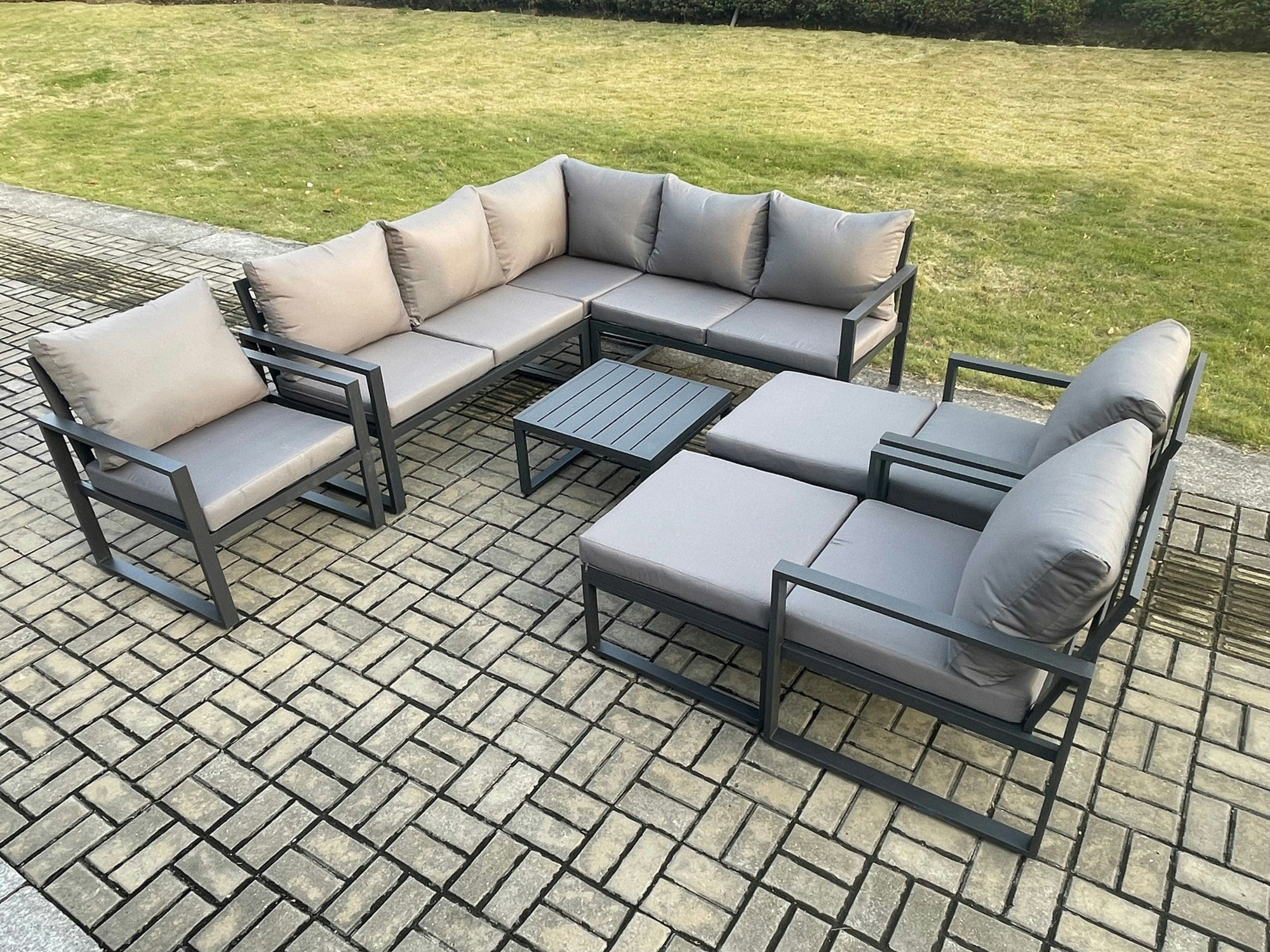 Rackhams Dark/Grey 10 Seater Outdoor Aluminium Garden Furniture Set Corner Lounge Sofa Set With Square Coffee Table Chair 2 Big Footstools