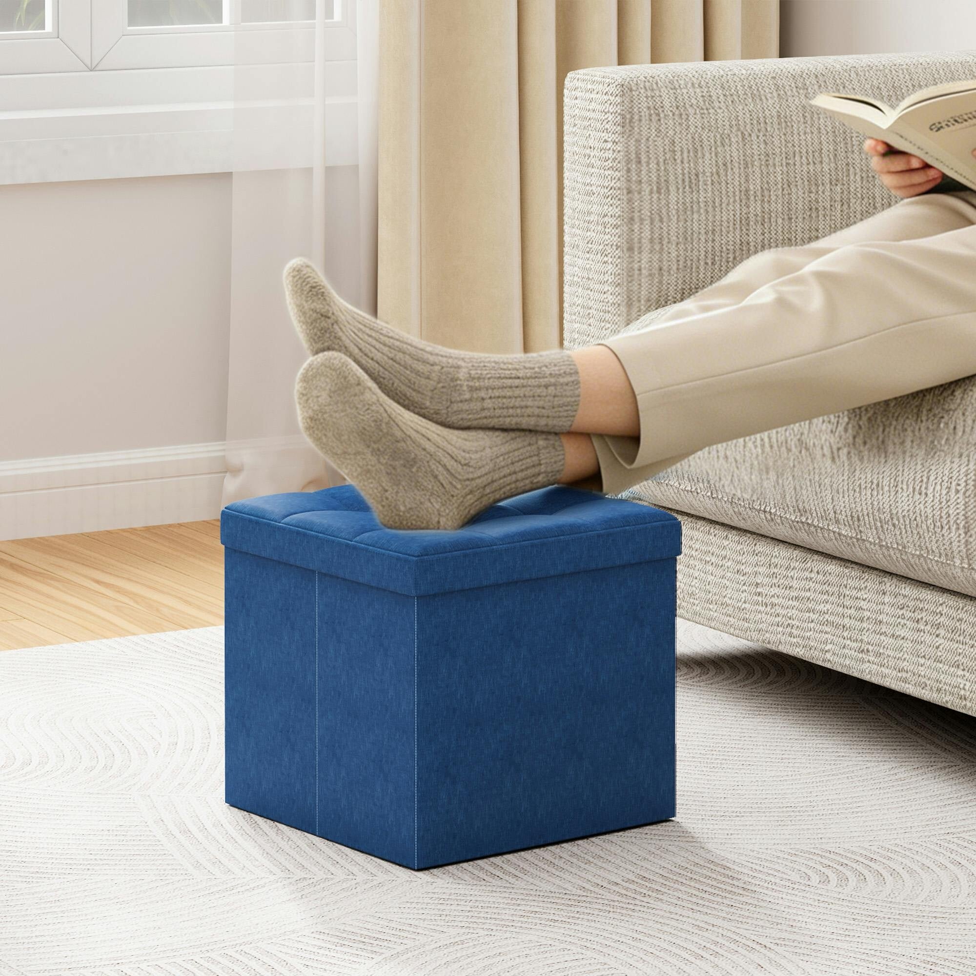 Mcc Foldable Storage Ottoman, Small Footrest Cube, Storage Bench With Lid, 1 Storage Box For Bedroom & Living Room, 30 × 30 × 30 Cm Blue - Image 4