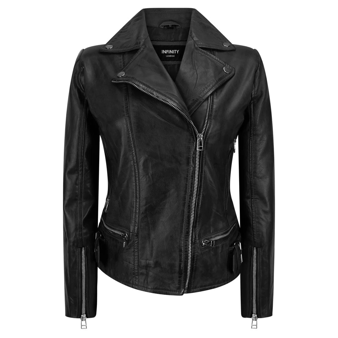 Infinity Leather Women's Black Leather Company Leather Biker Jacket - Uk 22