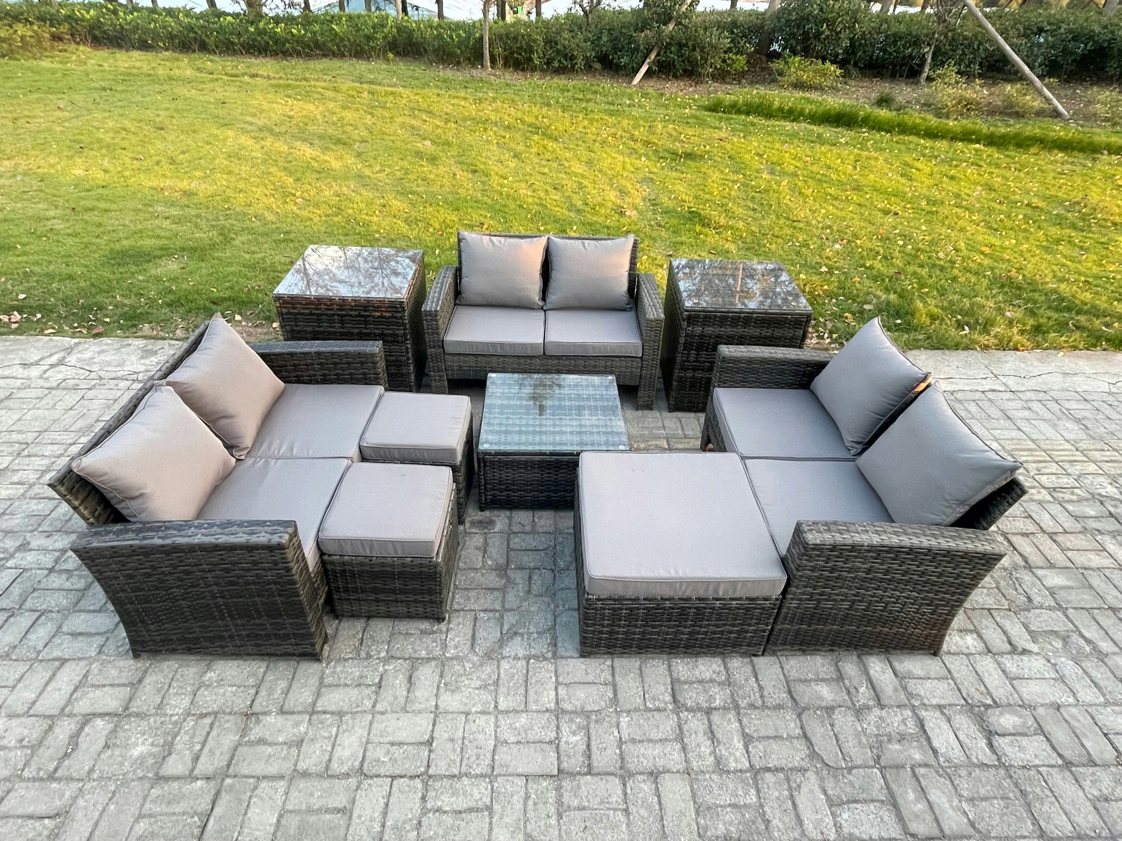 Rackhams Dark/Grey Outdoor Lounge Sofa Set - Mixed Pe Wicker Rattan Garden Furniture With Square Coffee Table & 3 Footstools
