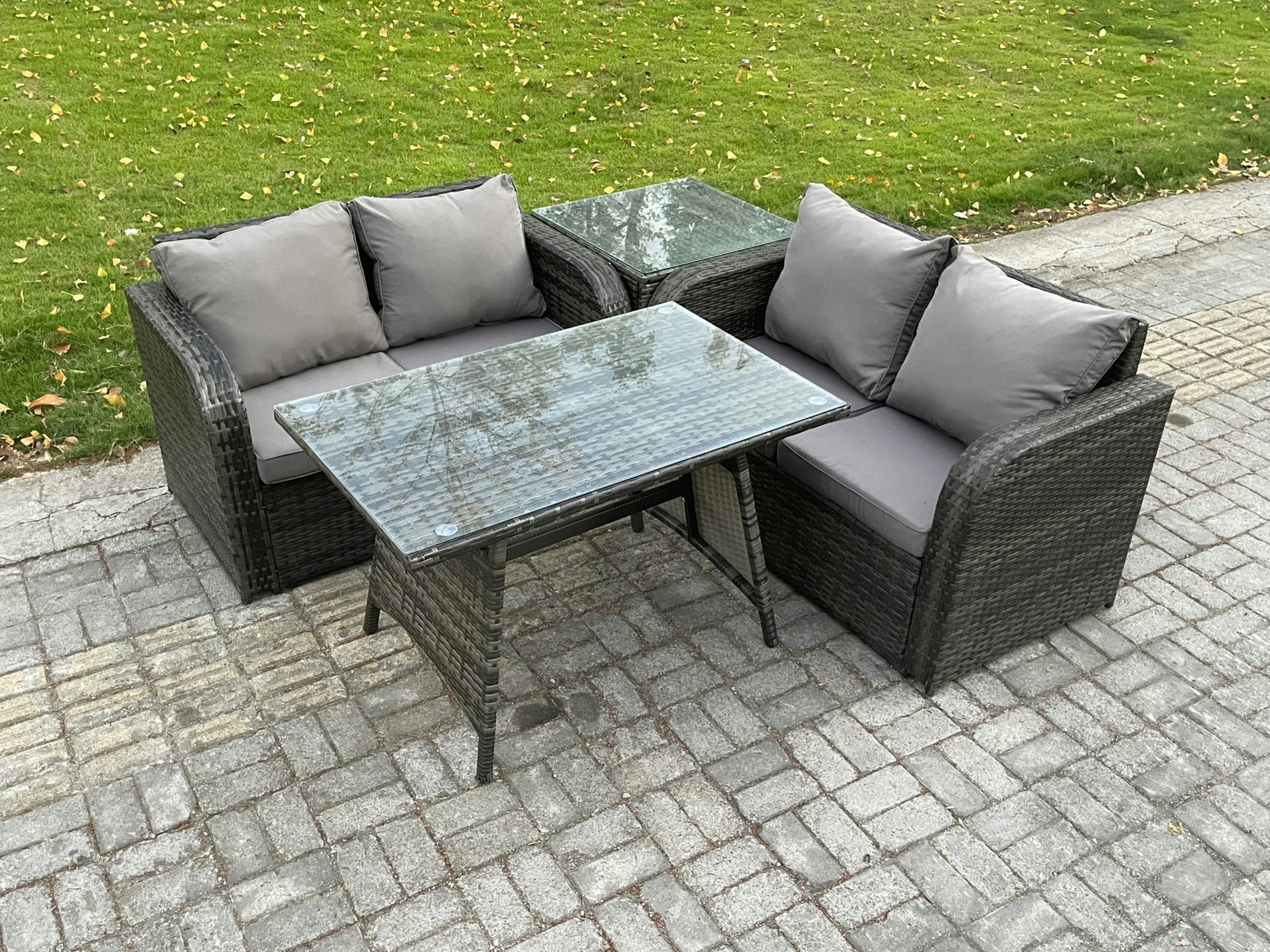 Fimous Dark/Grey Outdoor Garden Furniture Sets 4 Pieces Wicker Rattan Furniture Sofa Sets With Rectangular Dining Table Love Sofa Side Table