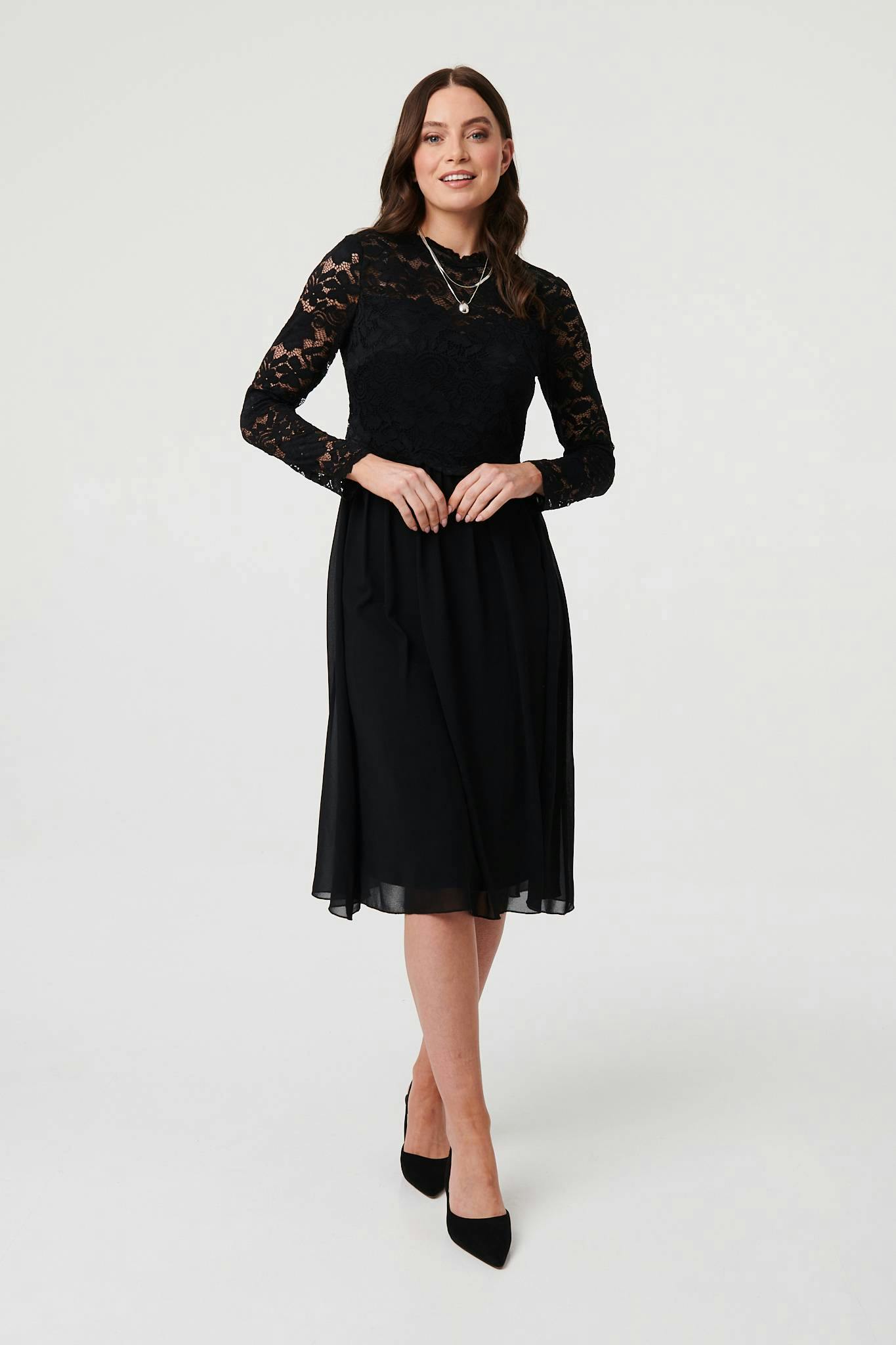 Izabel London Black Lace Semi Sheer Layer Knee Length Dress - 12