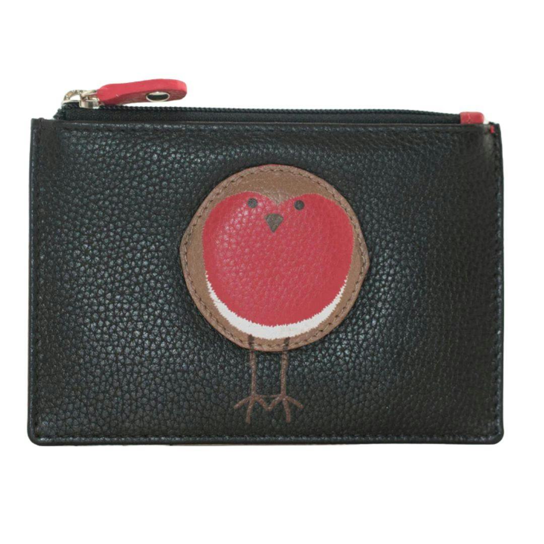 Mala Leather Black Bobbie Robin Bird Card & Coin Rfid Leather Purse