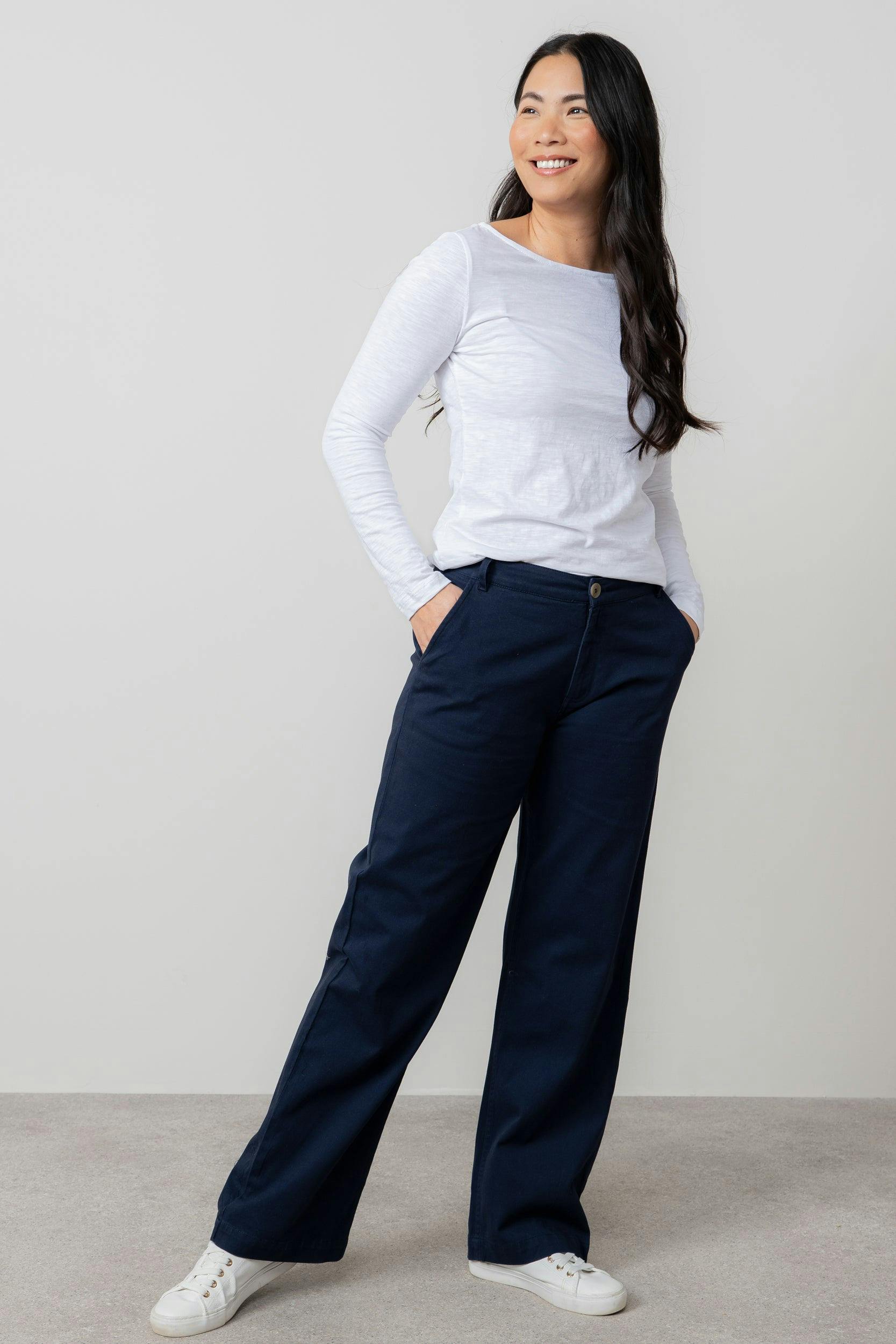 Lily & Me Dockside Stretch Twill Wide Leg Trousers Navy - Long - 14 - Navy