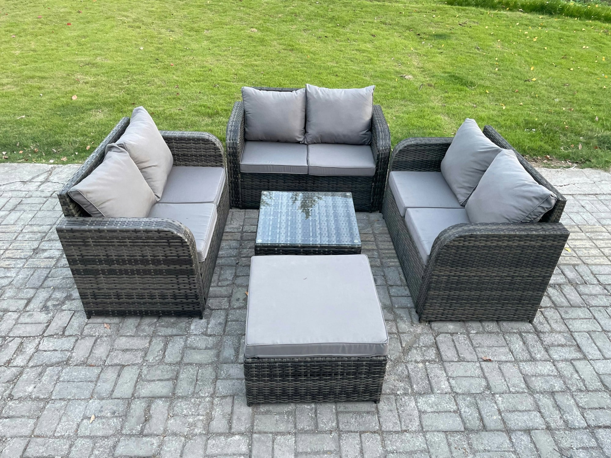 Rackhams Dark/Grey Outdoor Garden Furniture Sets 7 Seater Wicker Rattan Furniture Sofa Sets With Square Coffee Table Love Seat Sofa Big Footstool