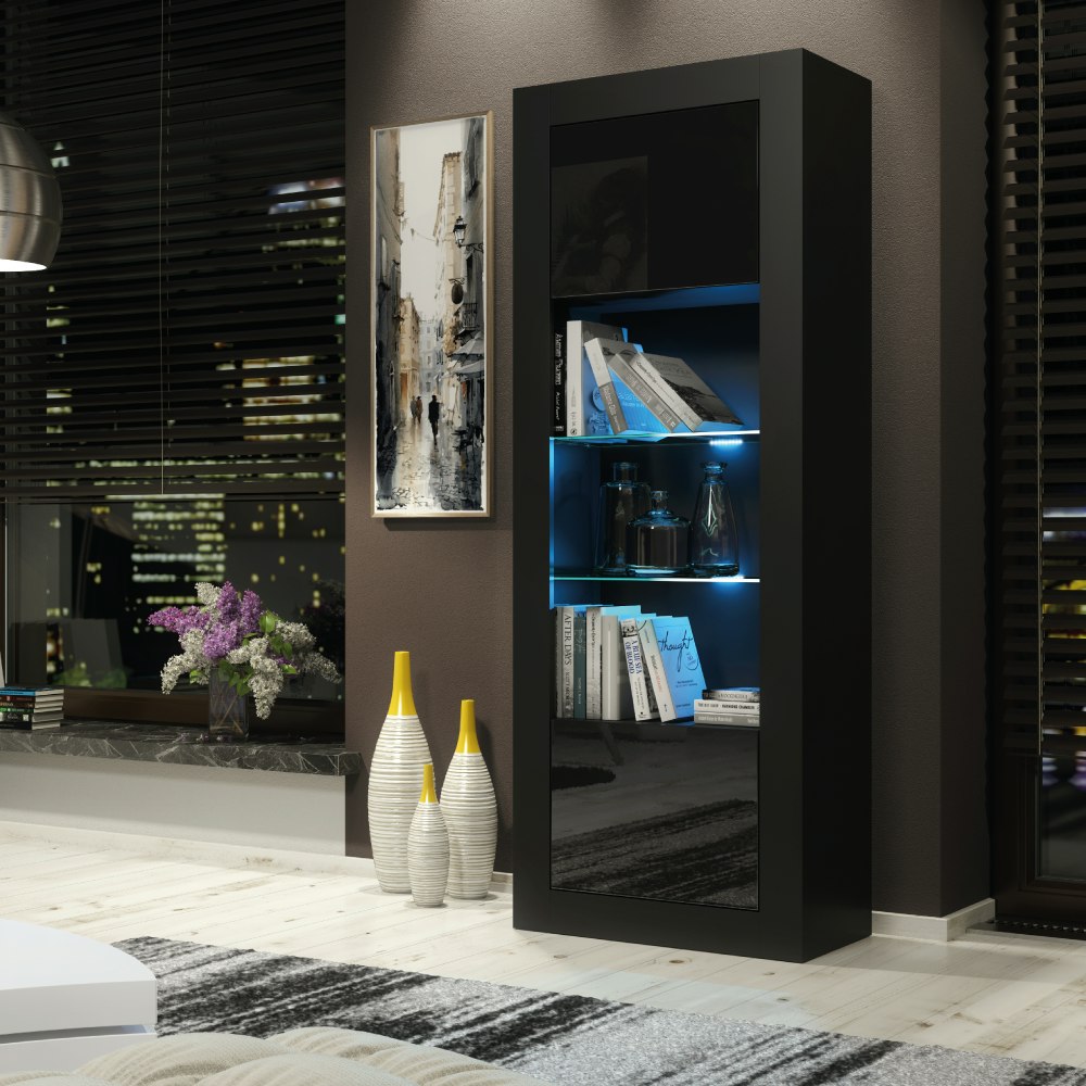 Mex Furniture Black 170Cm Modern Display Cabinet – Gloss Doors With Led