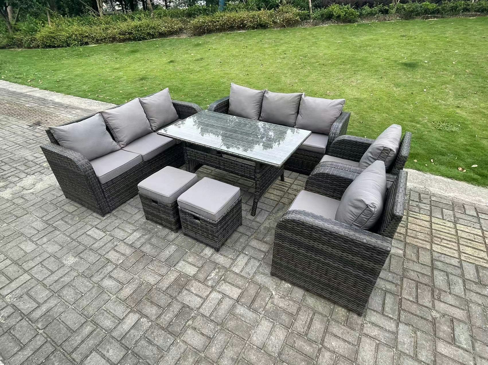 Rackhams Dark/Grey 10 Seater Pe Wicker Rattan Garden Furniture Set Reclining Chair Lounge 3 Seater Sofa Set Outdoor Rectangular Dining Table Stools
