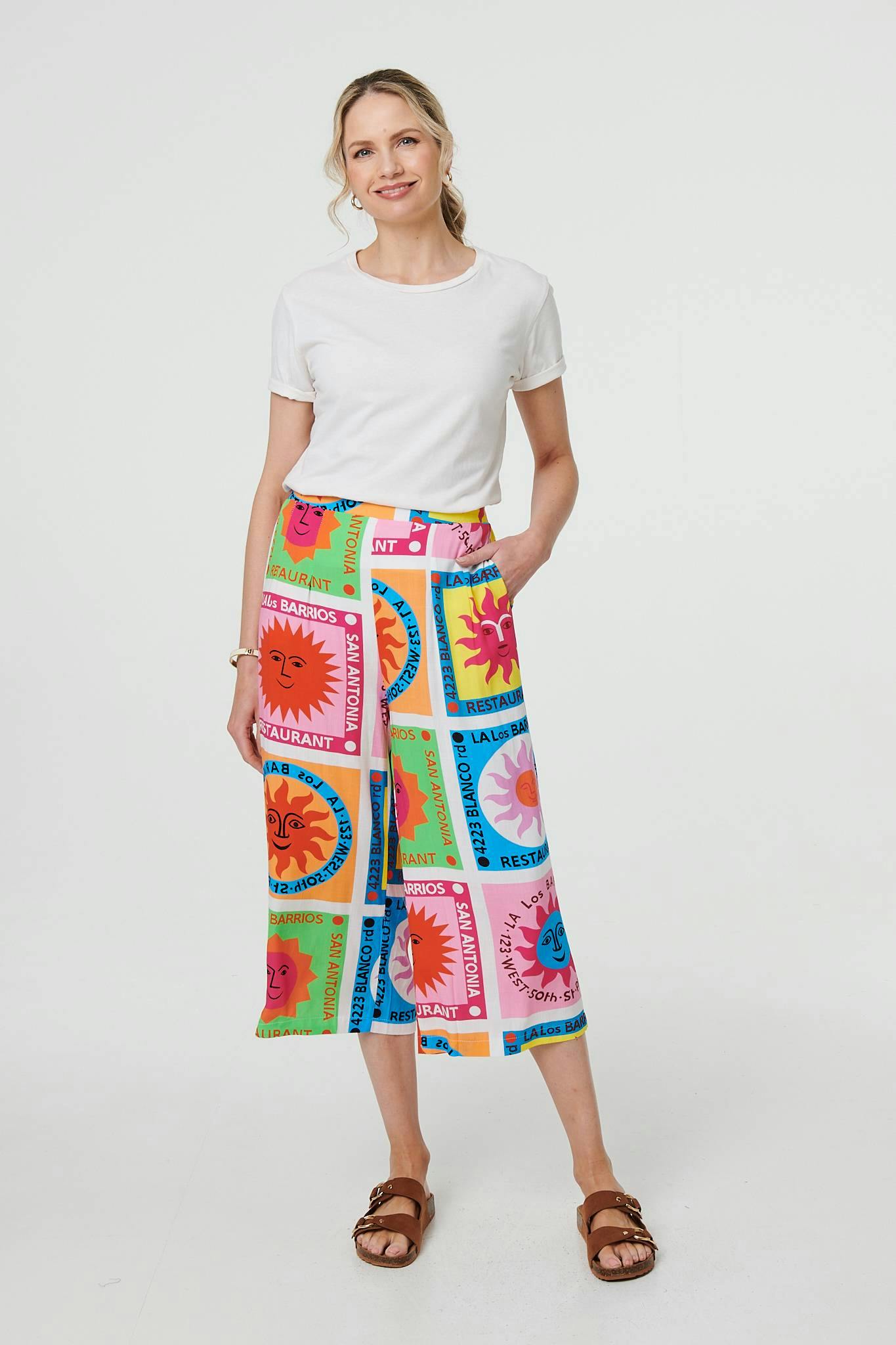 Izabel London Orange Patchwork Print Wide Leg Crop Trousers - 10