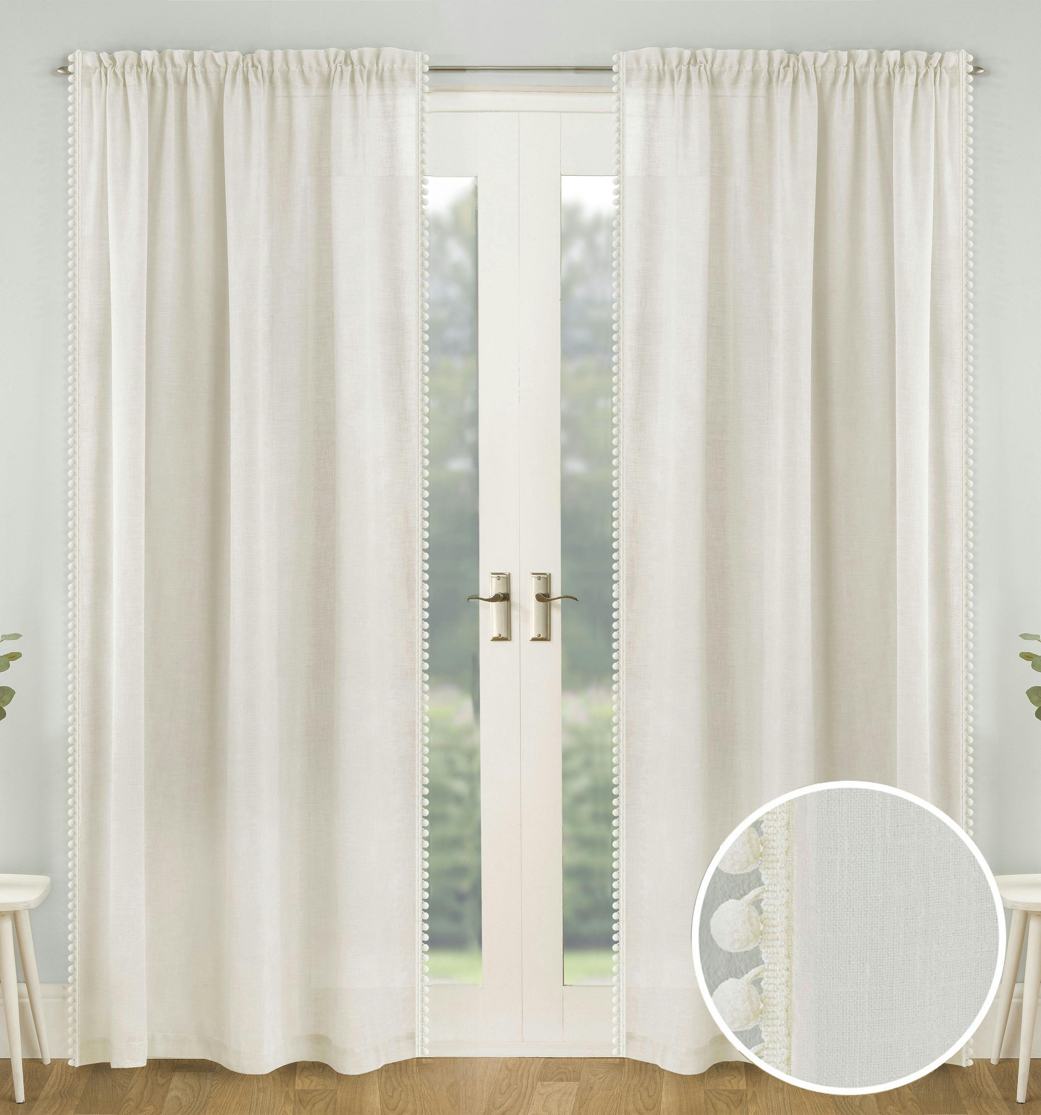 Rackhams Cream Pom-Pom Trim Linen-Look Voile Panel - Pair - 57" (145Cm) Width X 72" (183Cm) Drop