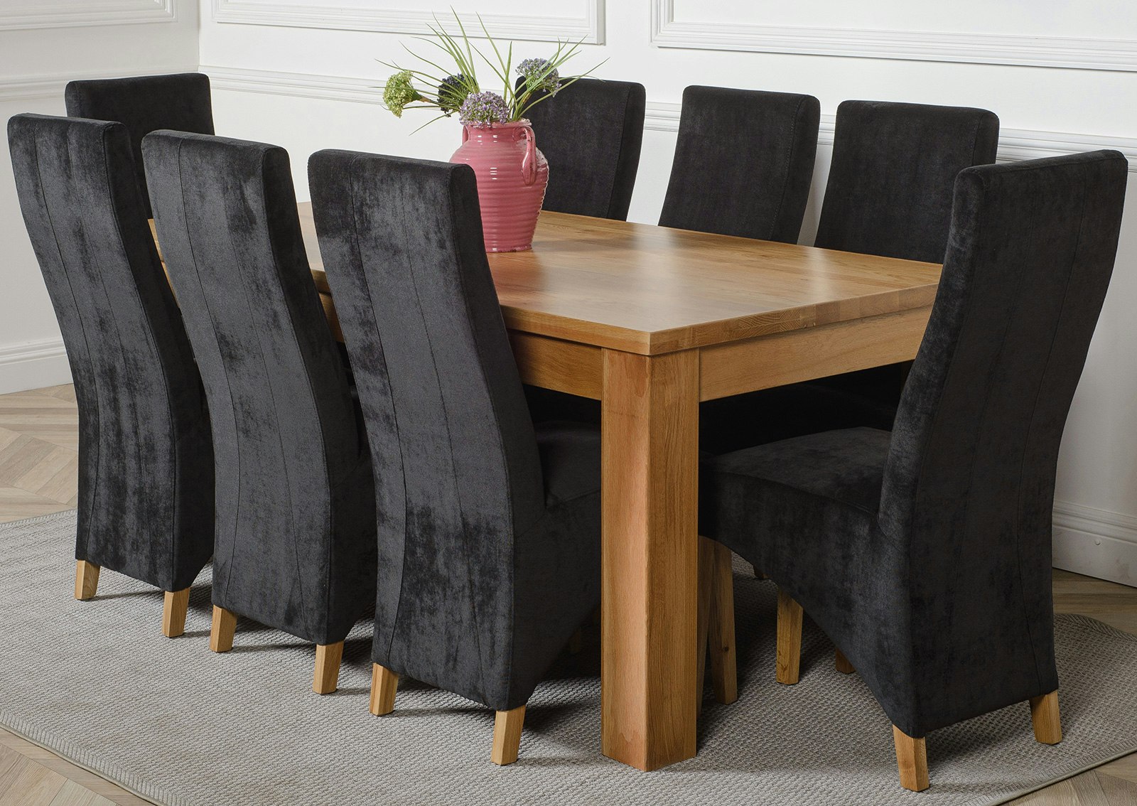Rackhams Black Dakota Large Oak Dining Table With Lola Fabric Chairs - 8 Chairs