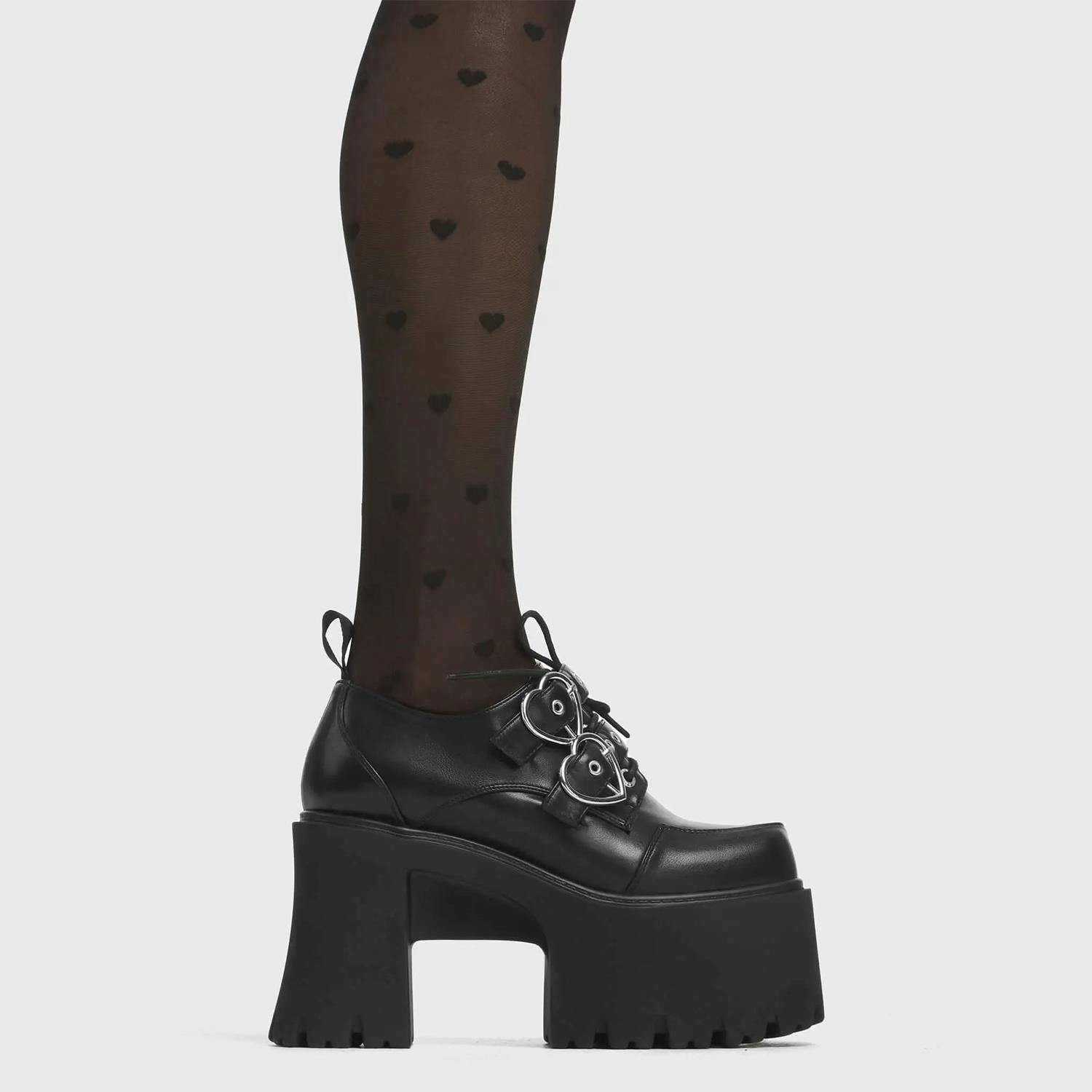 Lamoda Black Open Heart Pu Chunky Platform Shoes Stylish Trendy Everyday Wear - Uk7