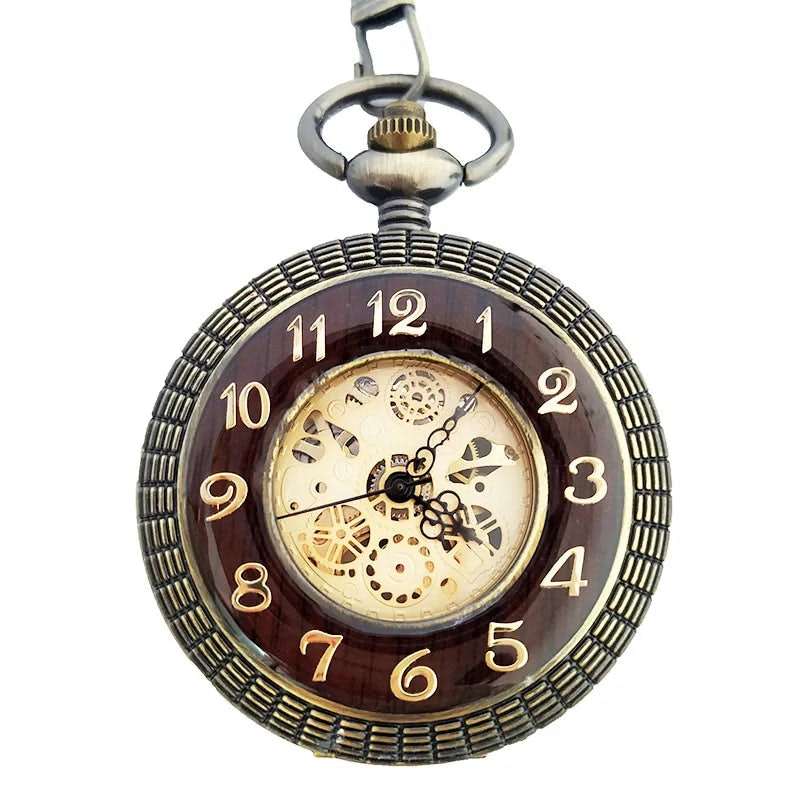 Truclothing Mechanical Skeleton Wooden Half Hunter Pocket Watch